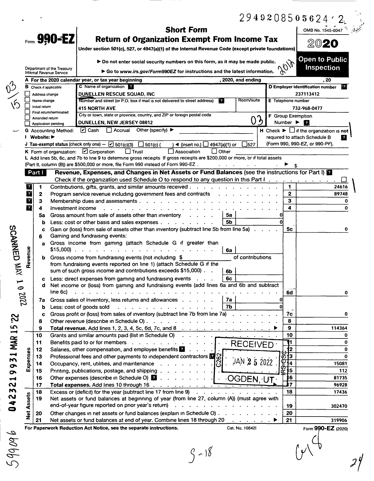 Image of first page of 2020 Form 990EZ for Dunellen Rescue Squad