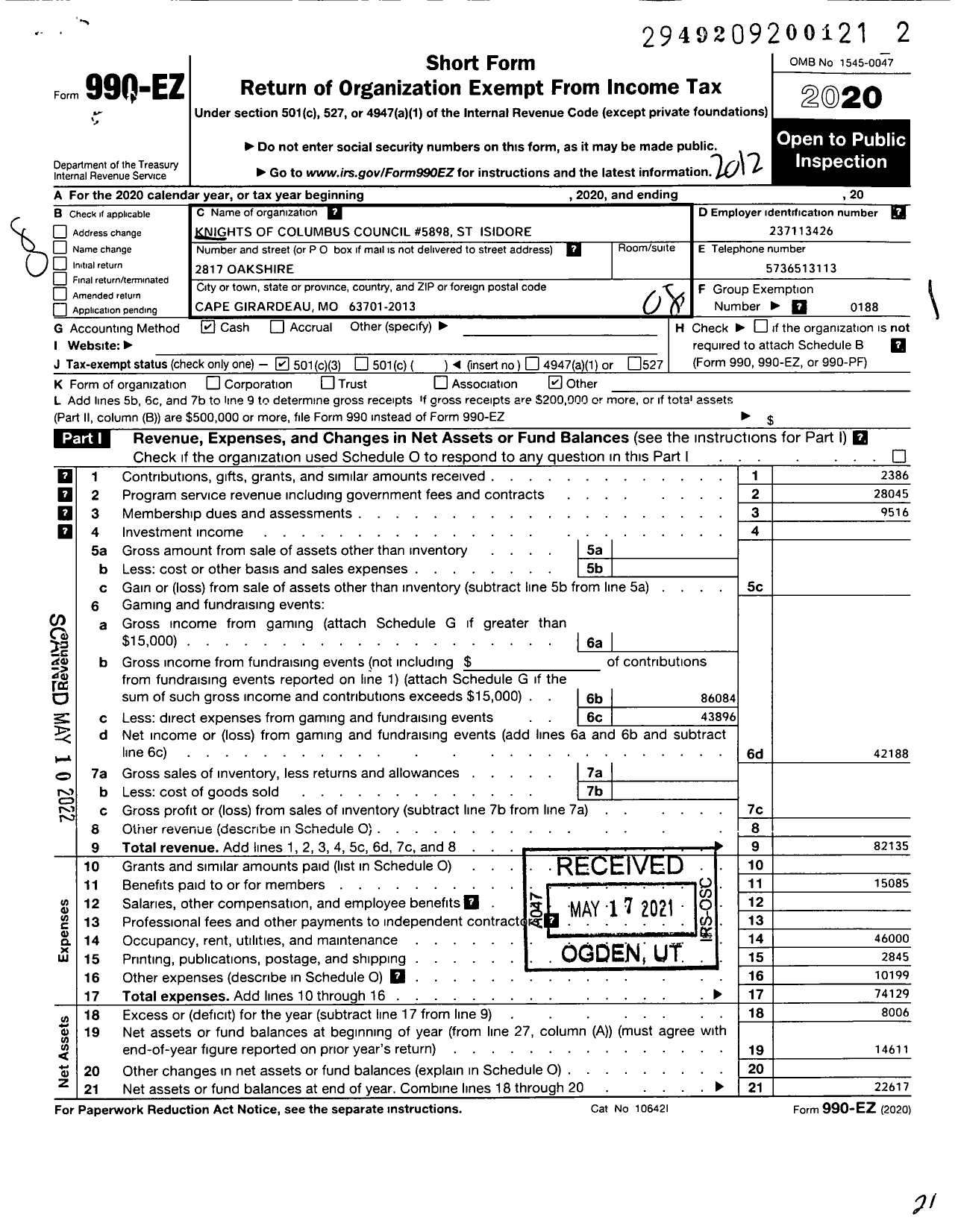 Image of first page of 2020 Form 990EO for Knights of Columbus - 5898 St Isidore Council