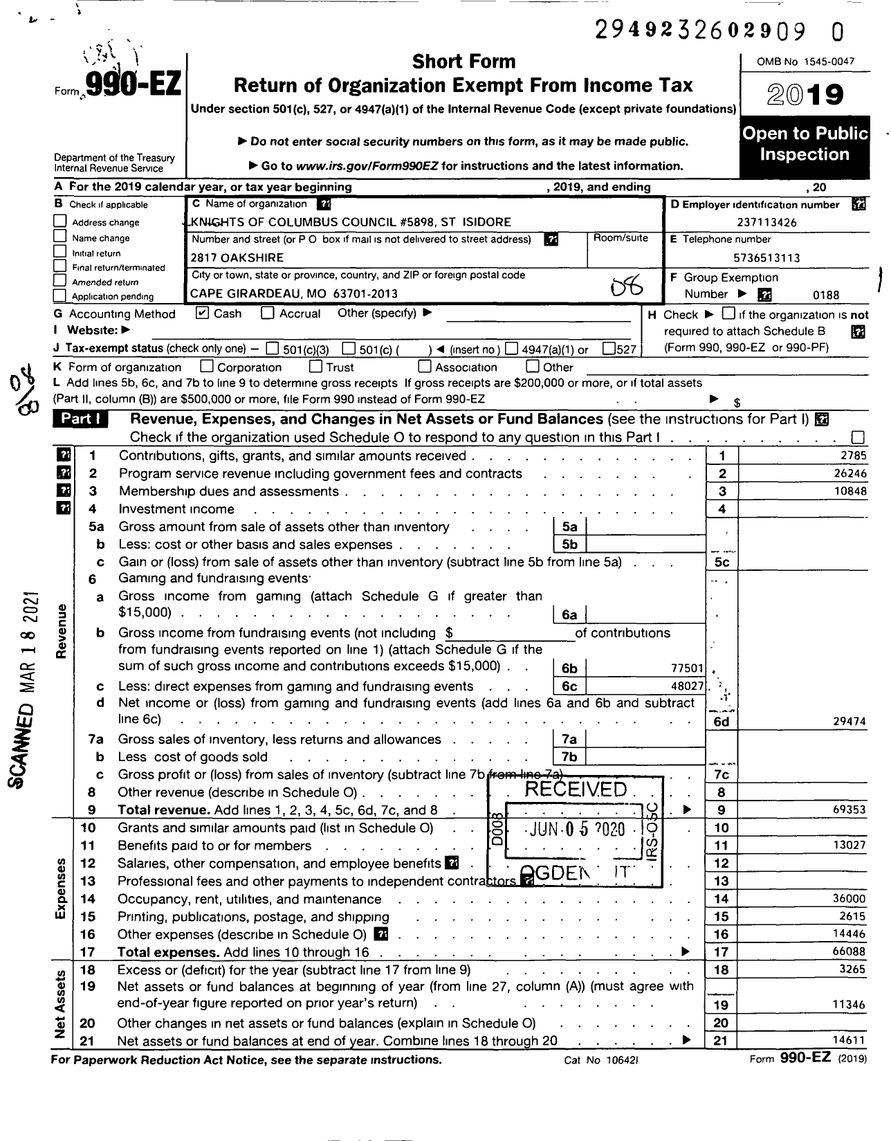 Image of first page of 2019 Form 990EO for Knights of Columbus - 5898 St Isidore Council