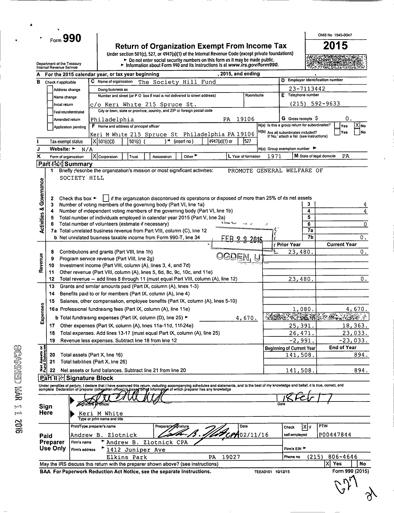 Image of first page of 2015 Form 990 for Society Hill Fund