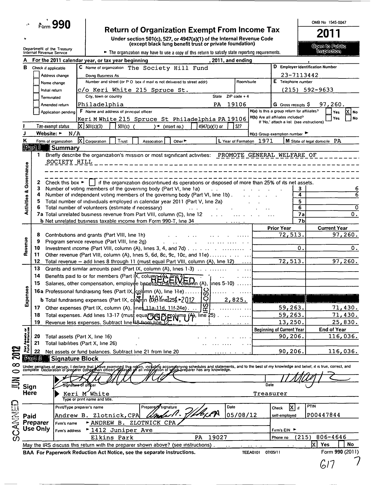 Image of first page of 2011 Form 990 for Society Hill Fund