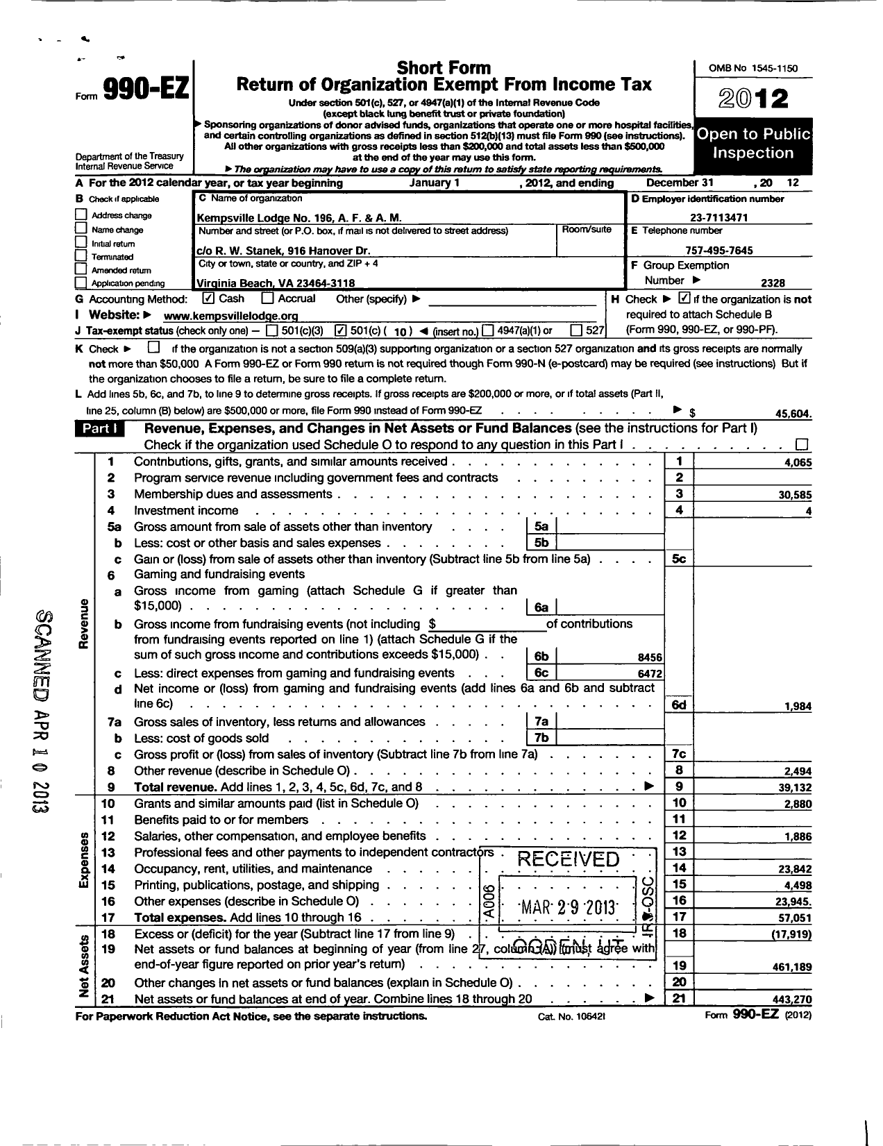 Image of first page of 2012 Form 990EO for Free and Accepted Masons of Virginia - 196 Kempsville Lodge