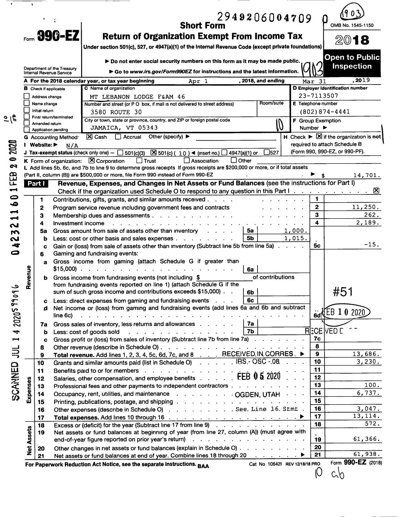 Image of first page of 2018 Form 990EO for Free and Accepted Masons of Vermont - 46 MT Lebanon Lodge