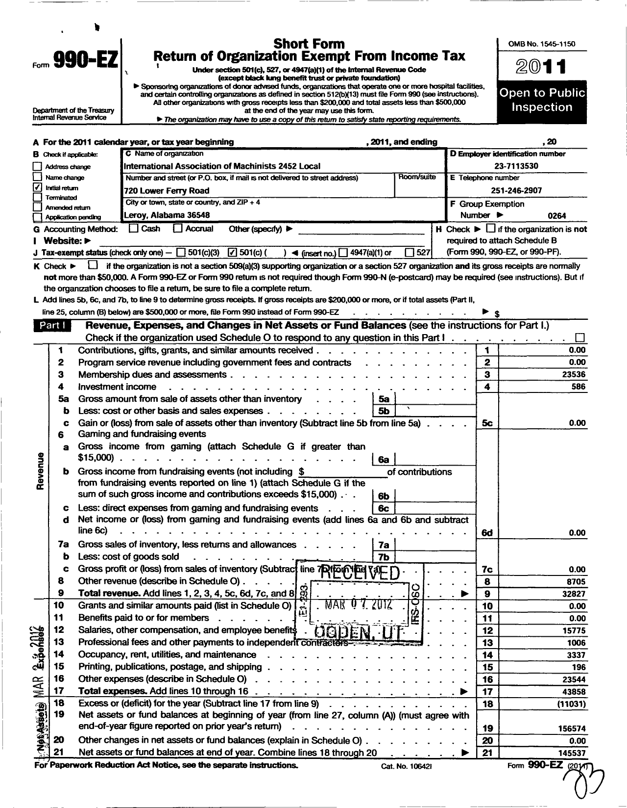 Image of first page of 2011 Form 990EO for International Association of Machinists and Aerospace Workers - 2452 Local