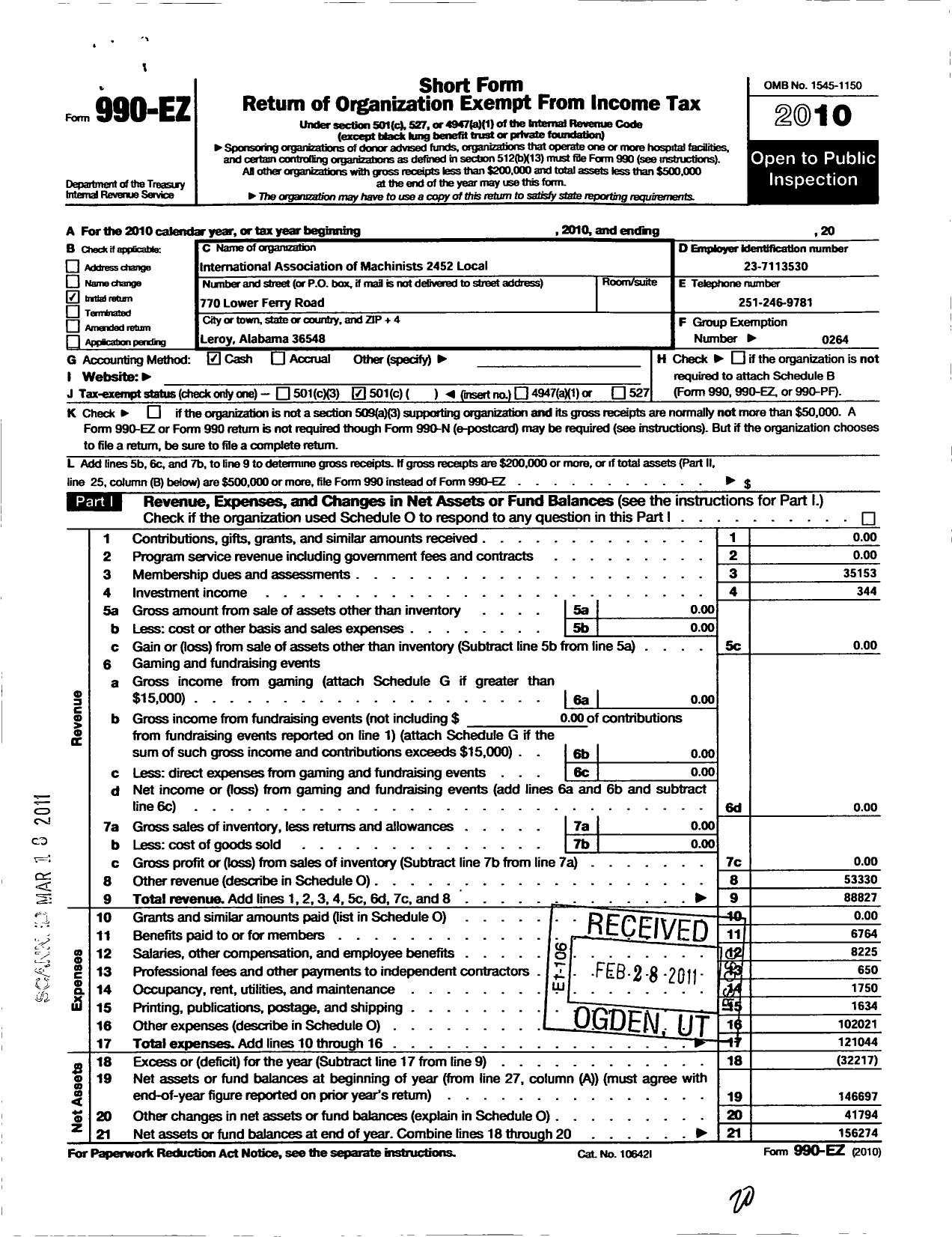 Image of first page of 2010 Form 990EO for International Association of Machinists and Aerospace Workers - 2452 Local
