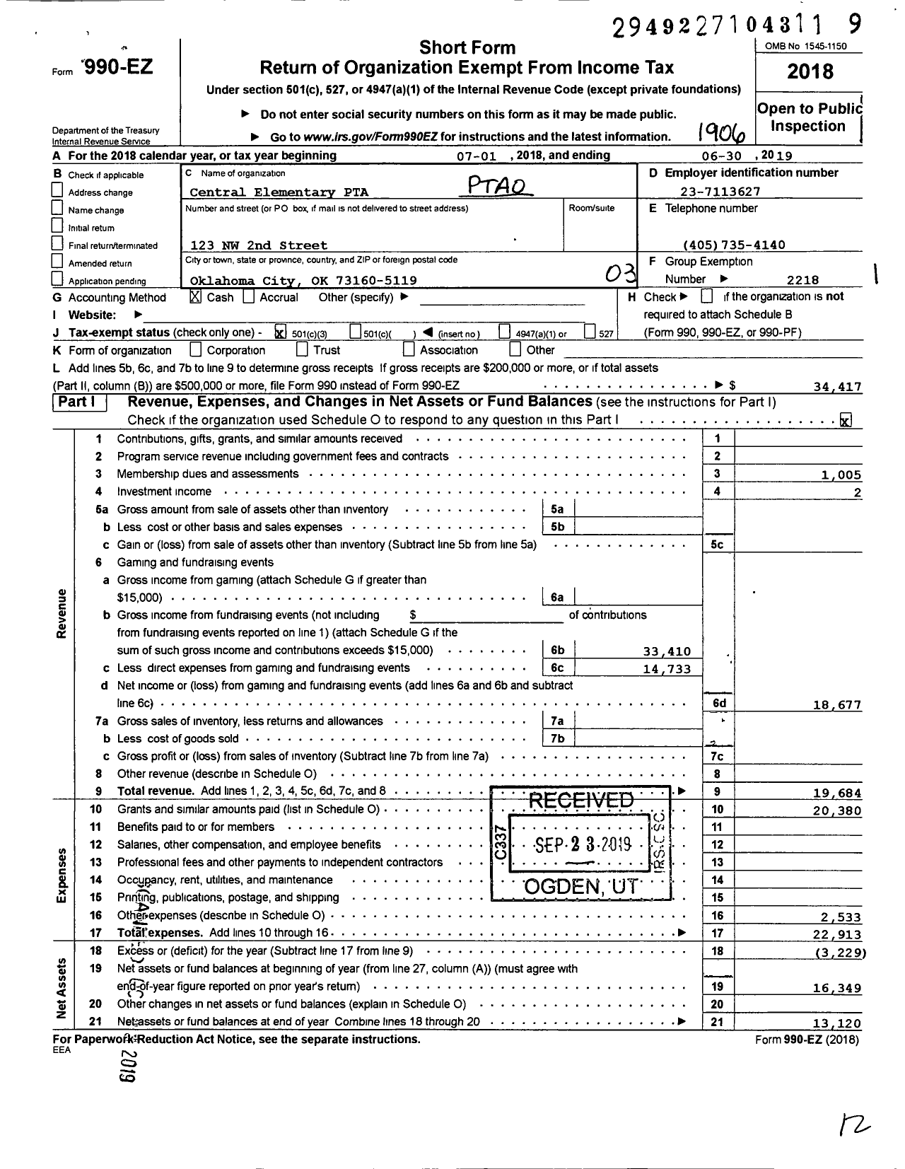 Image of first page of 2018 Form 990EZ for PTA Oklahoma Congress / Central Elementary