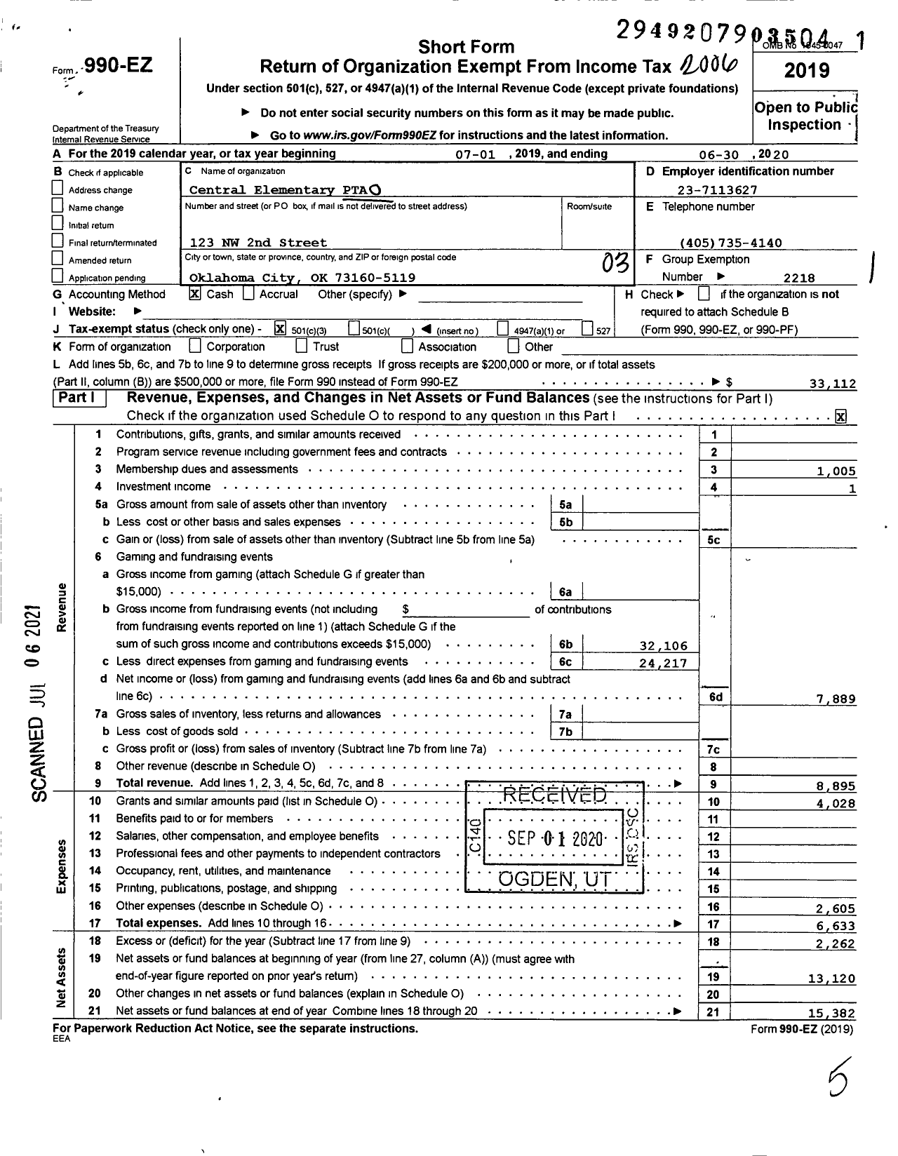 Image of first page of 2019 Form 990EZ for PTA Oklahoma Congress / Central Elementary