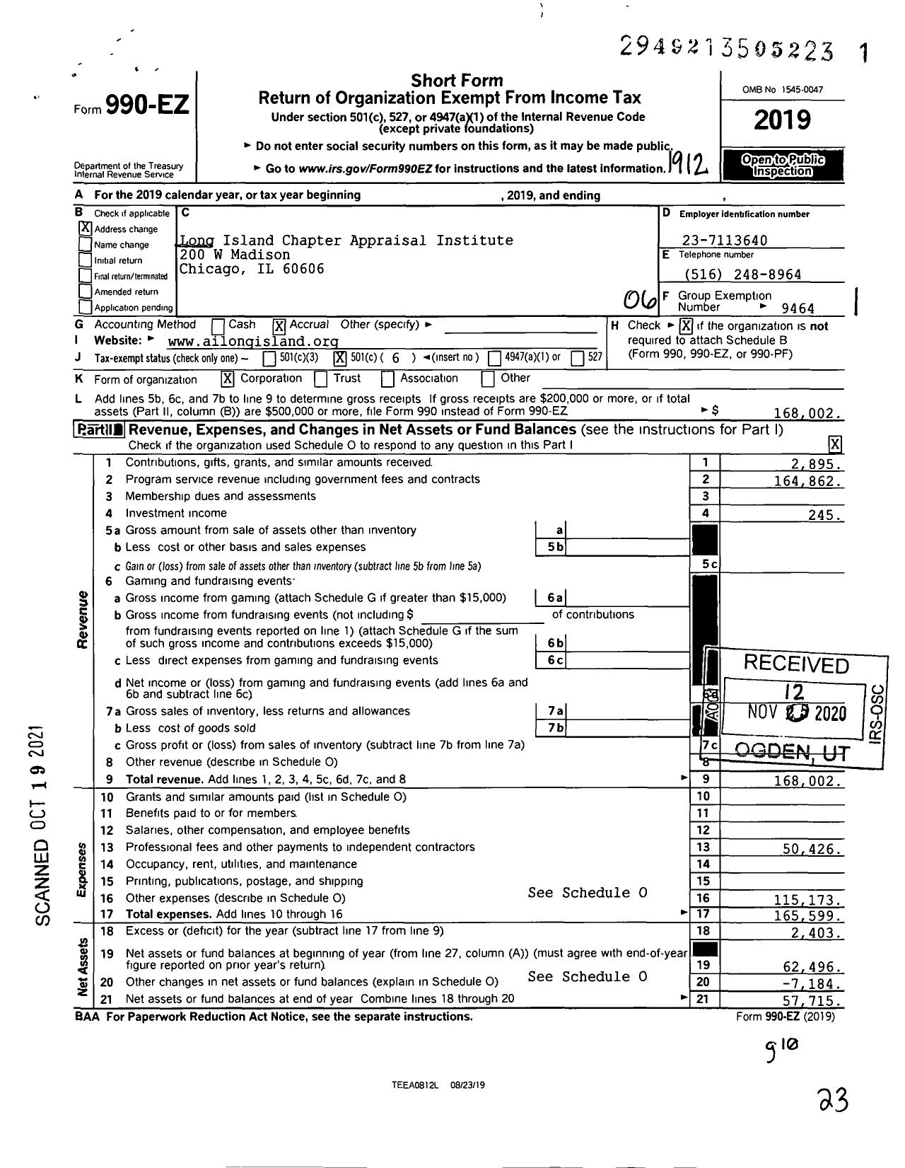 Image of first page of 2019 Form 990EO for Long Island Chapter of the Appraisal Institute