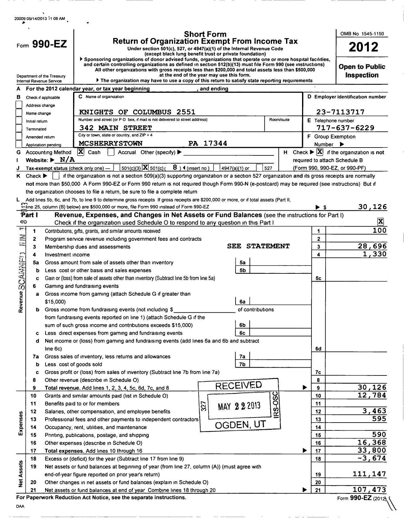 Image of first page of 2012 Form 990EO for Knights of Columbus - 2551 Mcsherrystown Council