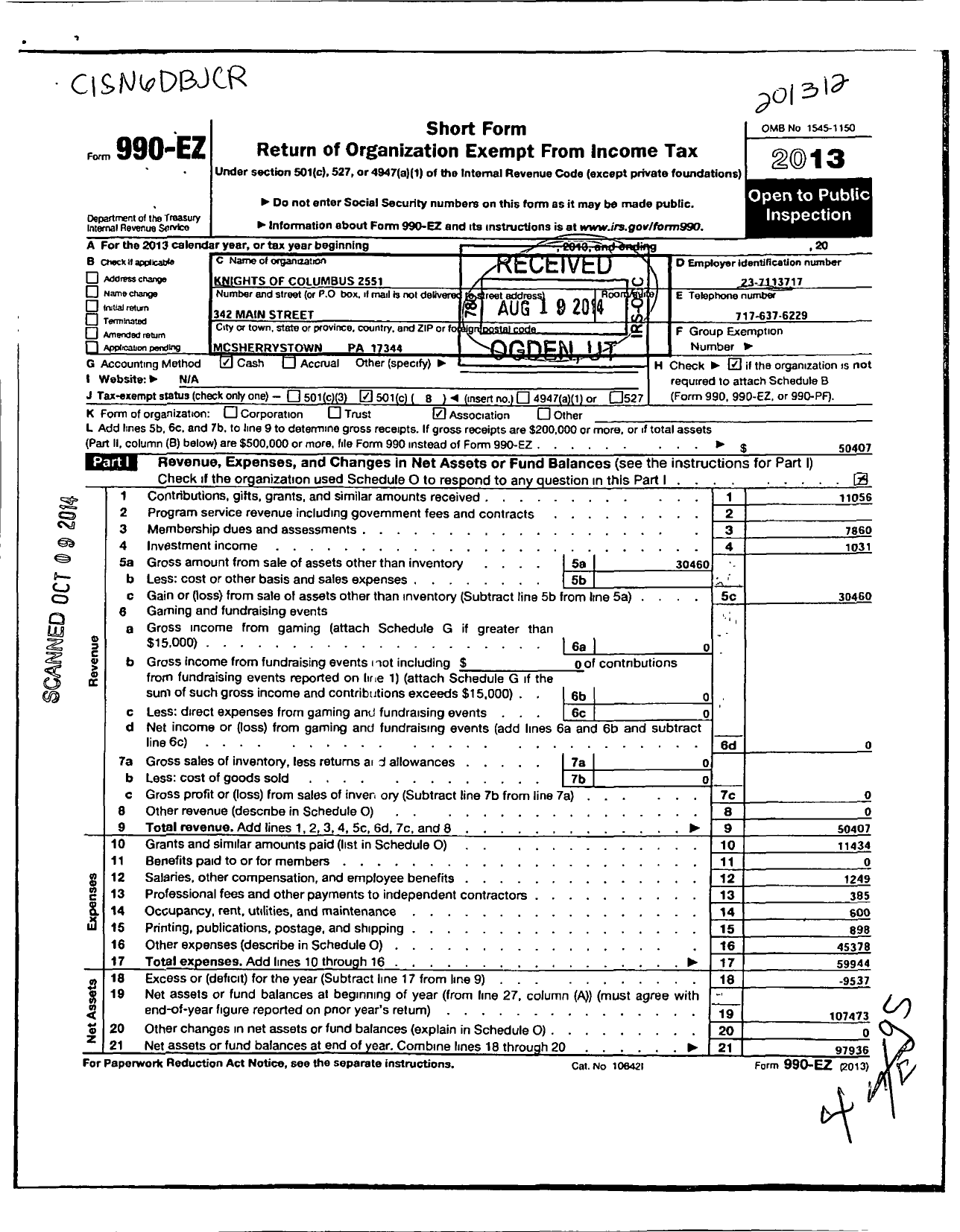 Image of first page of 2013 Form 990EO for Knights of Columbus - 2551 Mcsherrystown Council