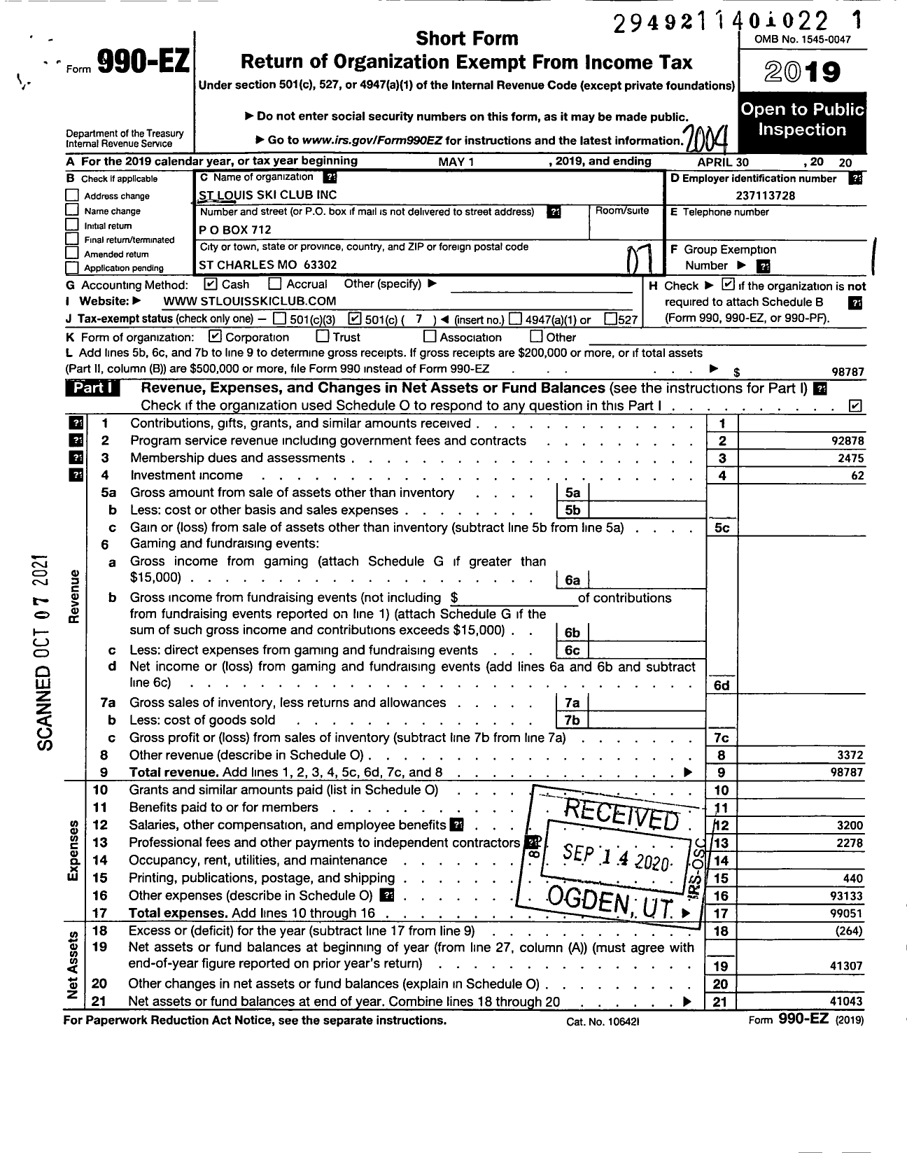 Image of first page of 2019 Form 990EO for St Louis Ski Club