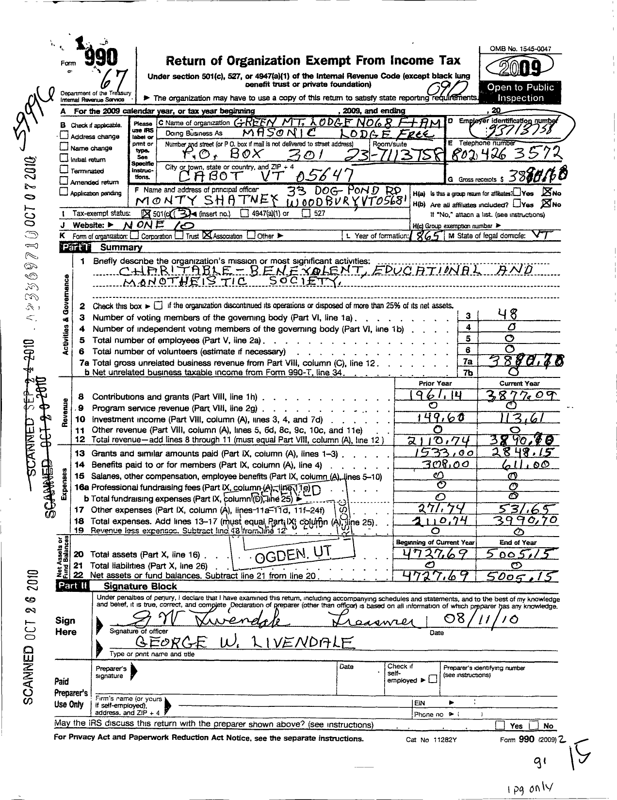 Image of first page of 2009 Form 990O for Free and Accepted Masons of Vermont - 68 Green MT Lodge