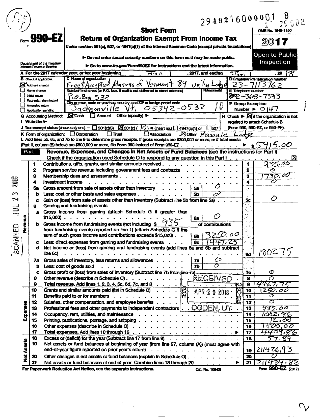 Image of first page of 2017 Form 990EO for Free and Accepted Masons of Vermont - 89 Unity Lodge