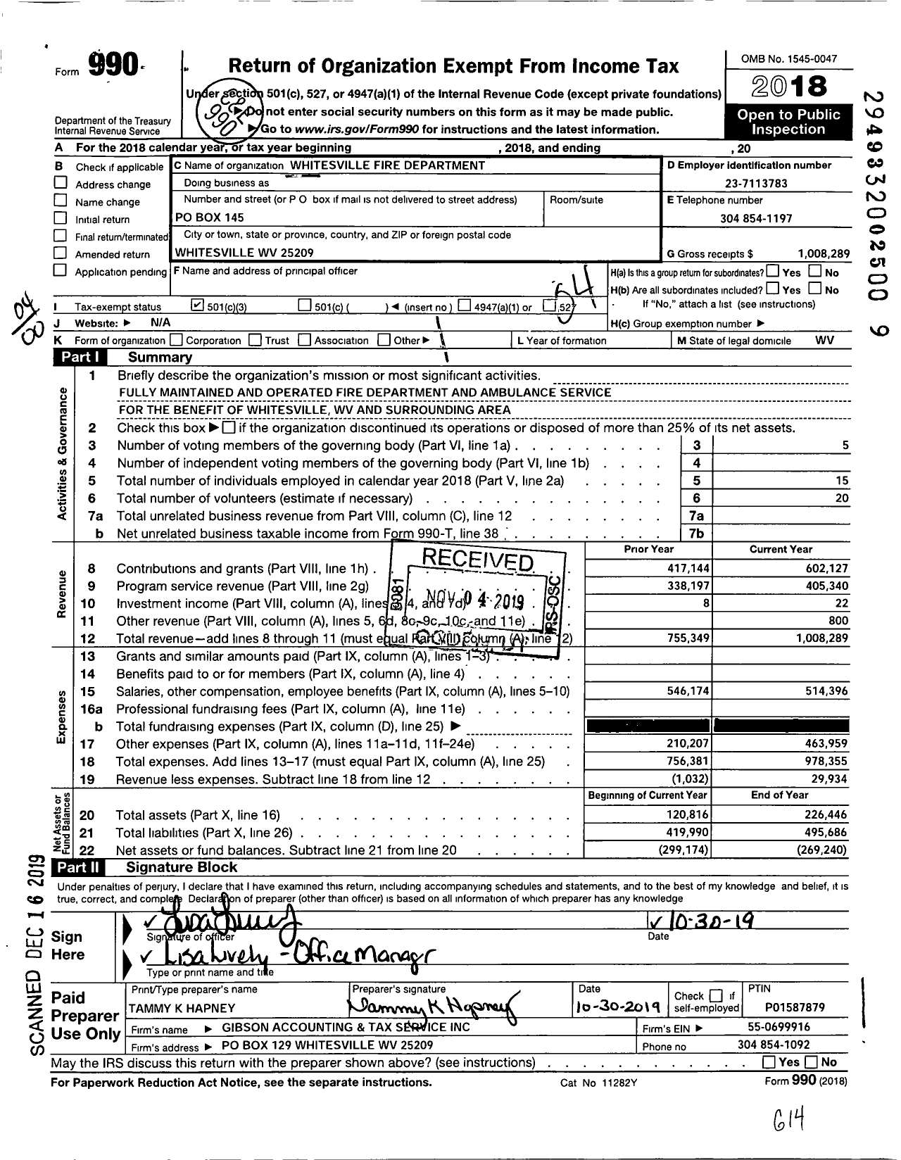 Image of first page of 2018 Form 990O for Whitesville Fire Department
