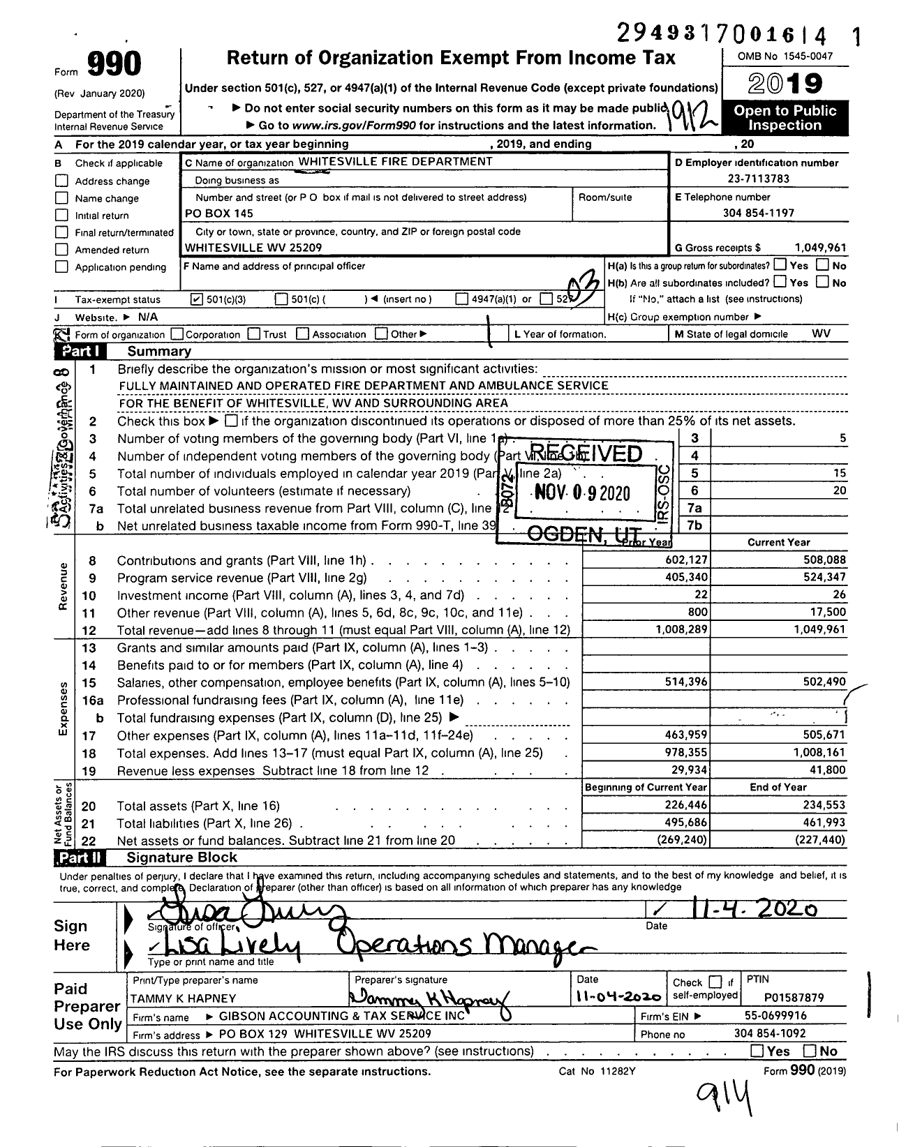 Image of first page of 2019 Form 990 for Whitesville Fire Department