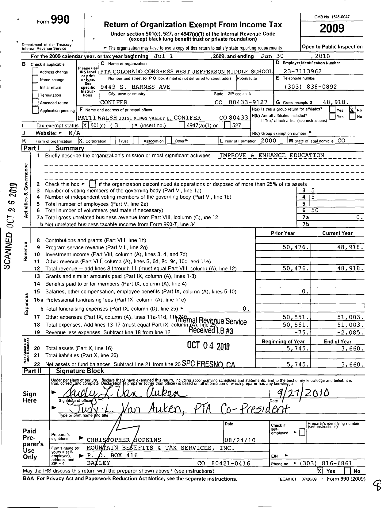 Image of first page of 2009 Form 990 for PTA Colorado Congress / West Jefferson Middle School Ptsa