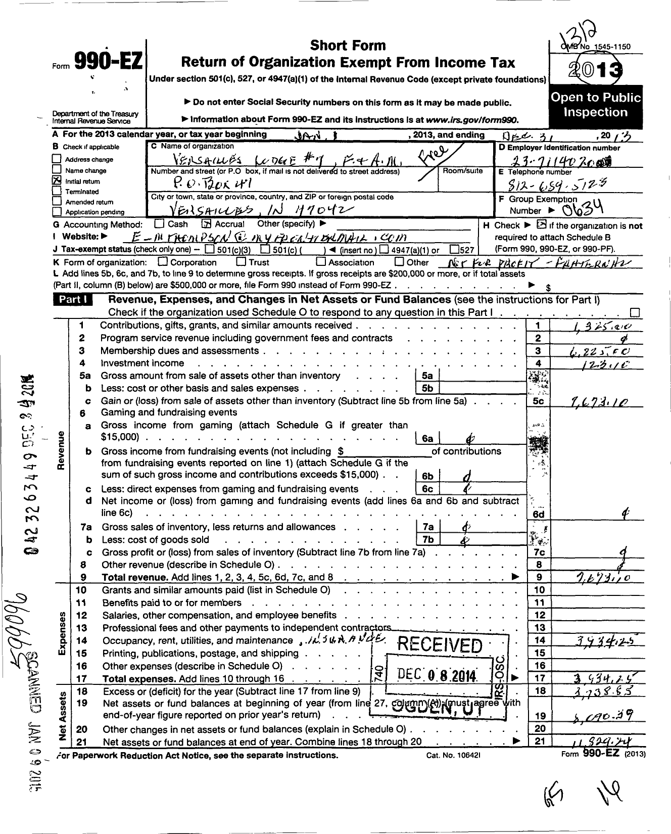 Image of first page of 2013 Form 990EO for Free & Accepted Masons of Indiana - 7 Versailles Lodge