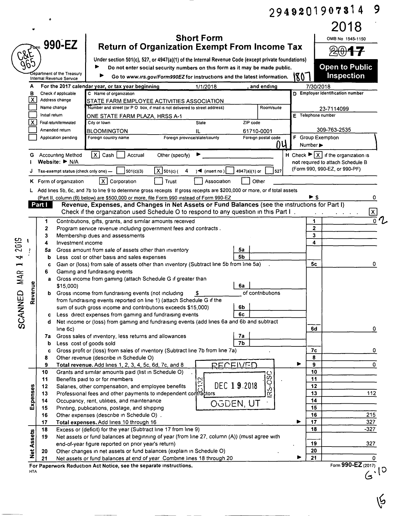 Image of first page of 2017 Form 990EO for State Farm Employee Activities Association