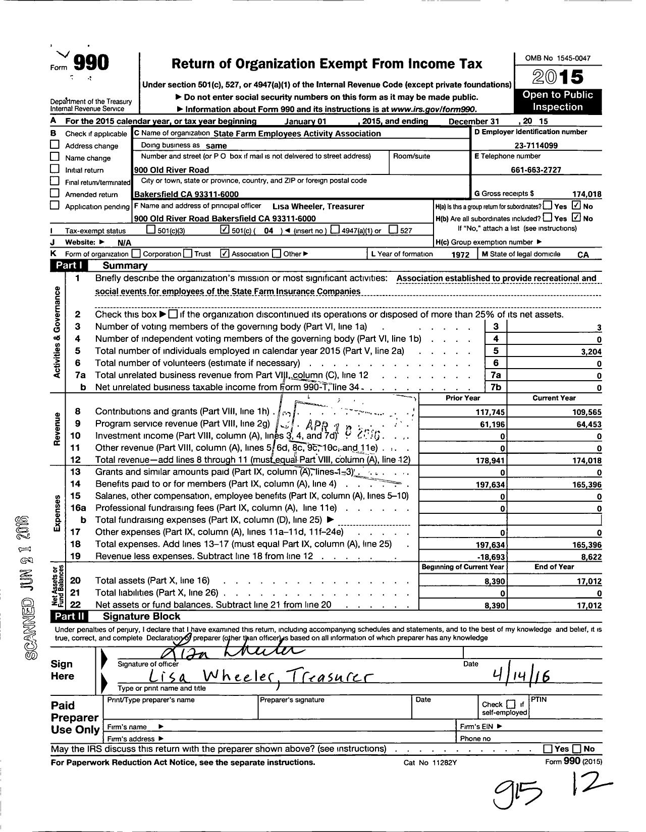 Image of first page of 2015 Form 990O for State Farm Employee Activities Association