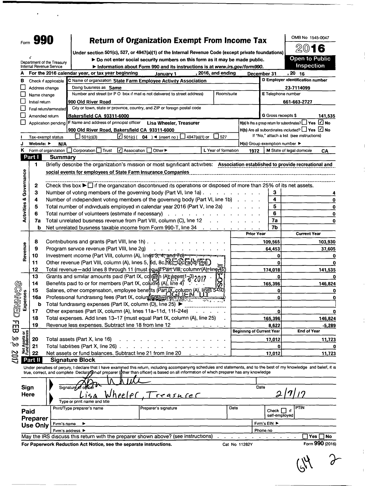 Image of first page of 2016 Form 990O for State Farm Employee Activities Association
