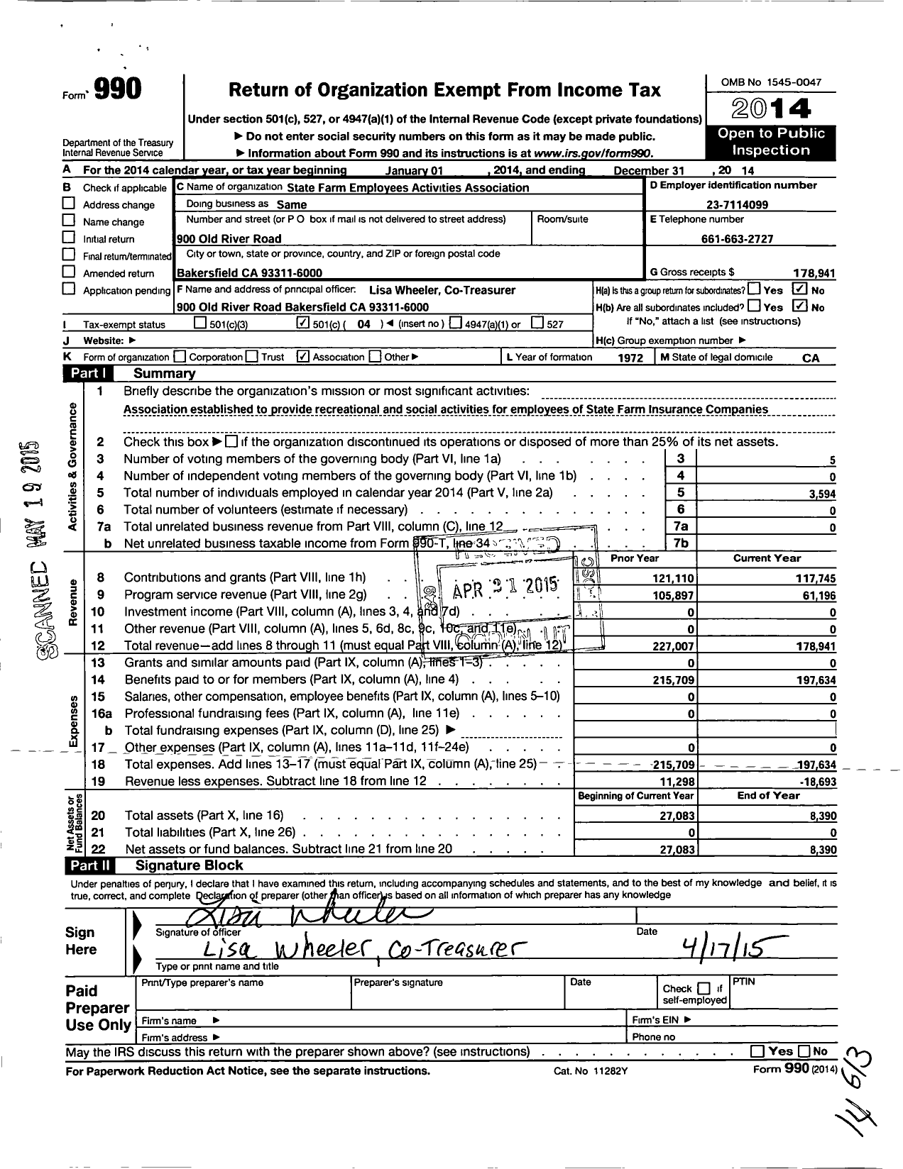 Image of first page of 2014 Form 990O for State Farm Employee Activities Association