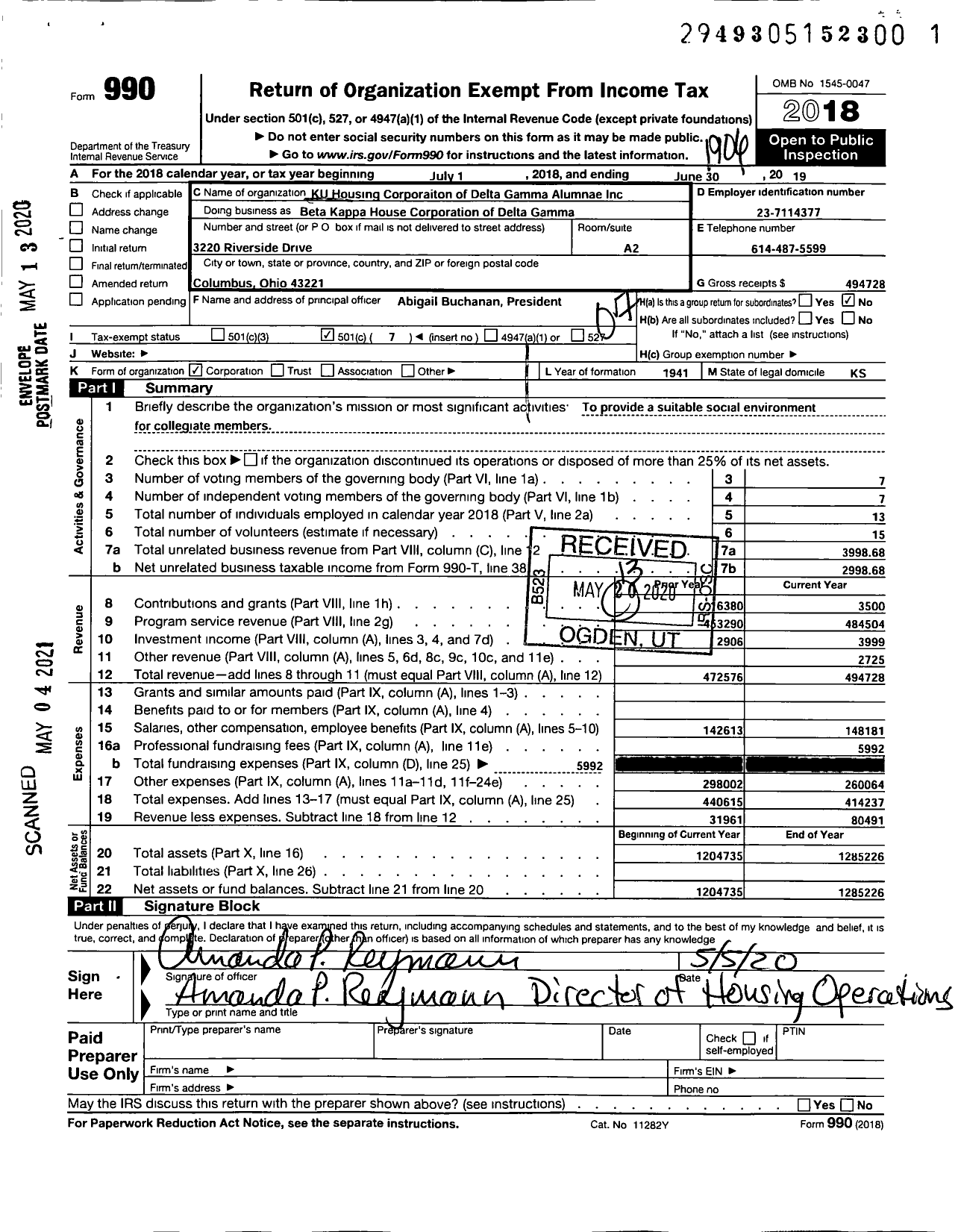 Image of first page of 2018 Form 990O for KU Housing Corporation of Delta Gamma Alumnae