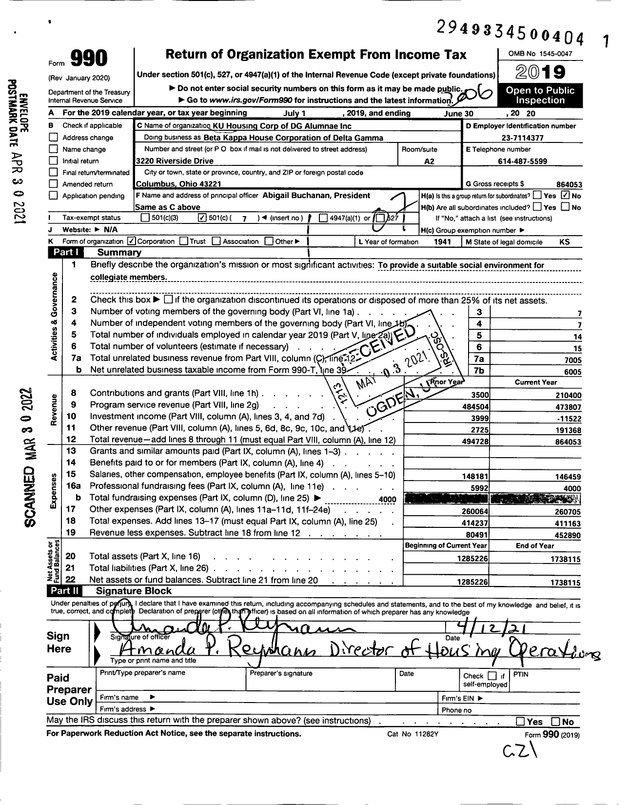 Image of first page of 2019 Form 990O for KU Housing Corporation of Delta Gamma Alumnae