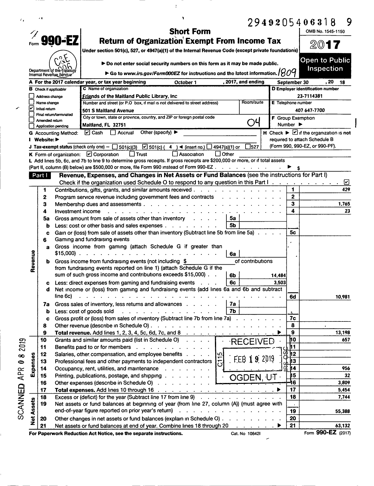 Image of first page of 2017 Form 990EO for Friends of the Maitland Public Library