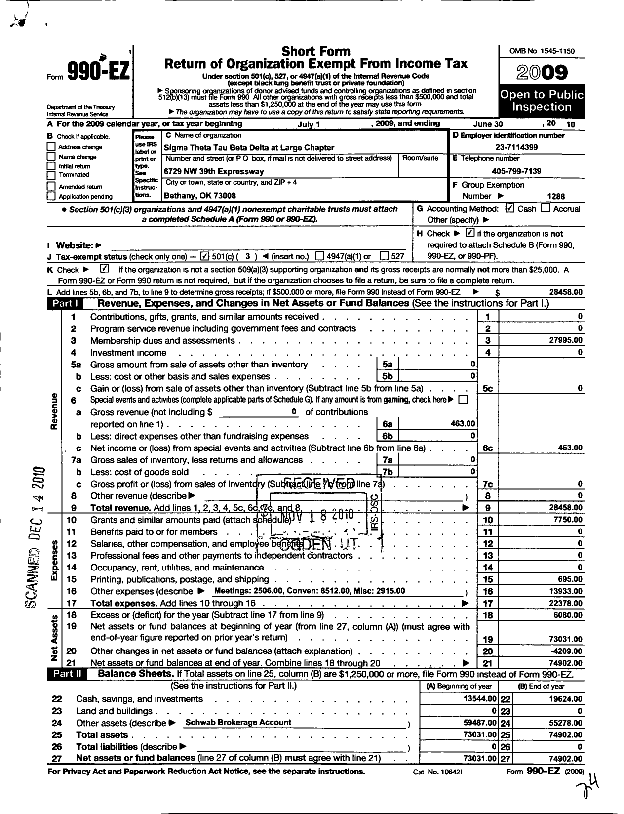 Image of first page of 2009 Form 990EZ for Sigma Theta Tau - 50 Beta Delta at Large Chapter