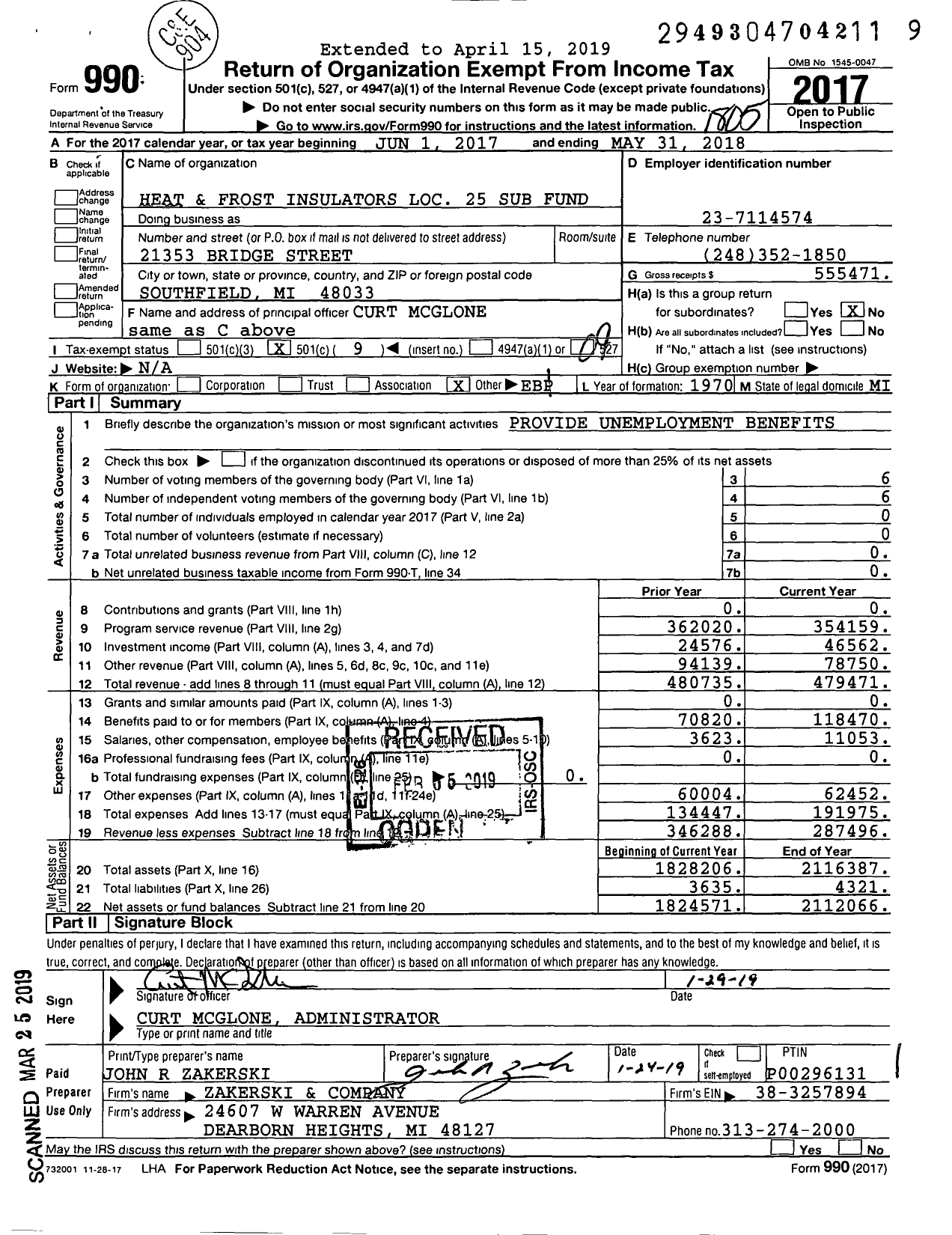 Image of first page of 2017 Form 990O for Heat & Frost Local 25 Sub Fund