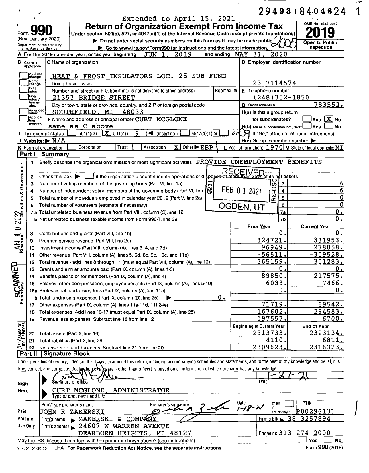 Image of first page of 2019 Form 990O for Heat & Frost Local 25 Sub Fund