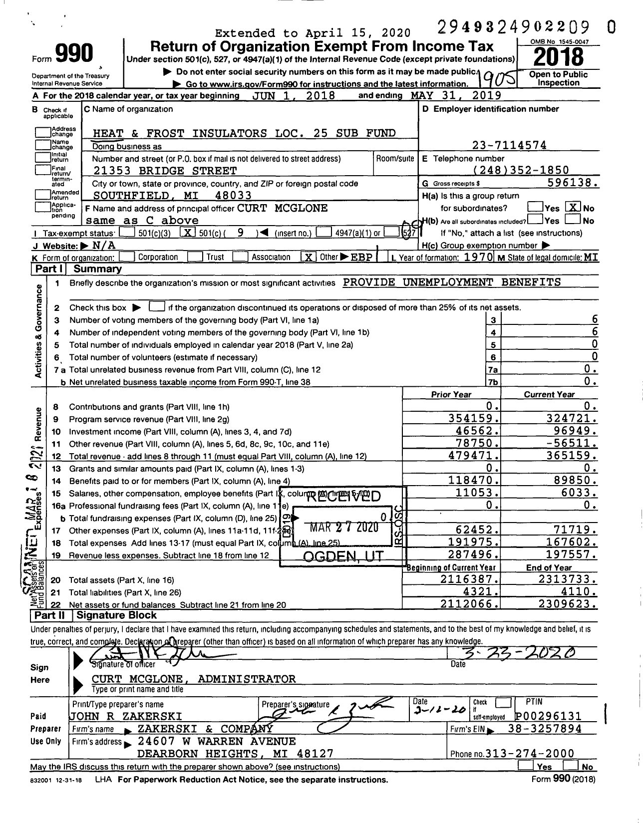 Image of first page of 2018 Form 990O for Heat & Frost Local 25 Sub Fund