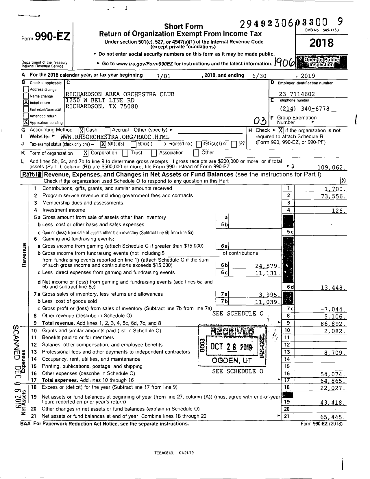 Image of first page of 2018 Form 990EZ for Richardson Area Orchestra Club