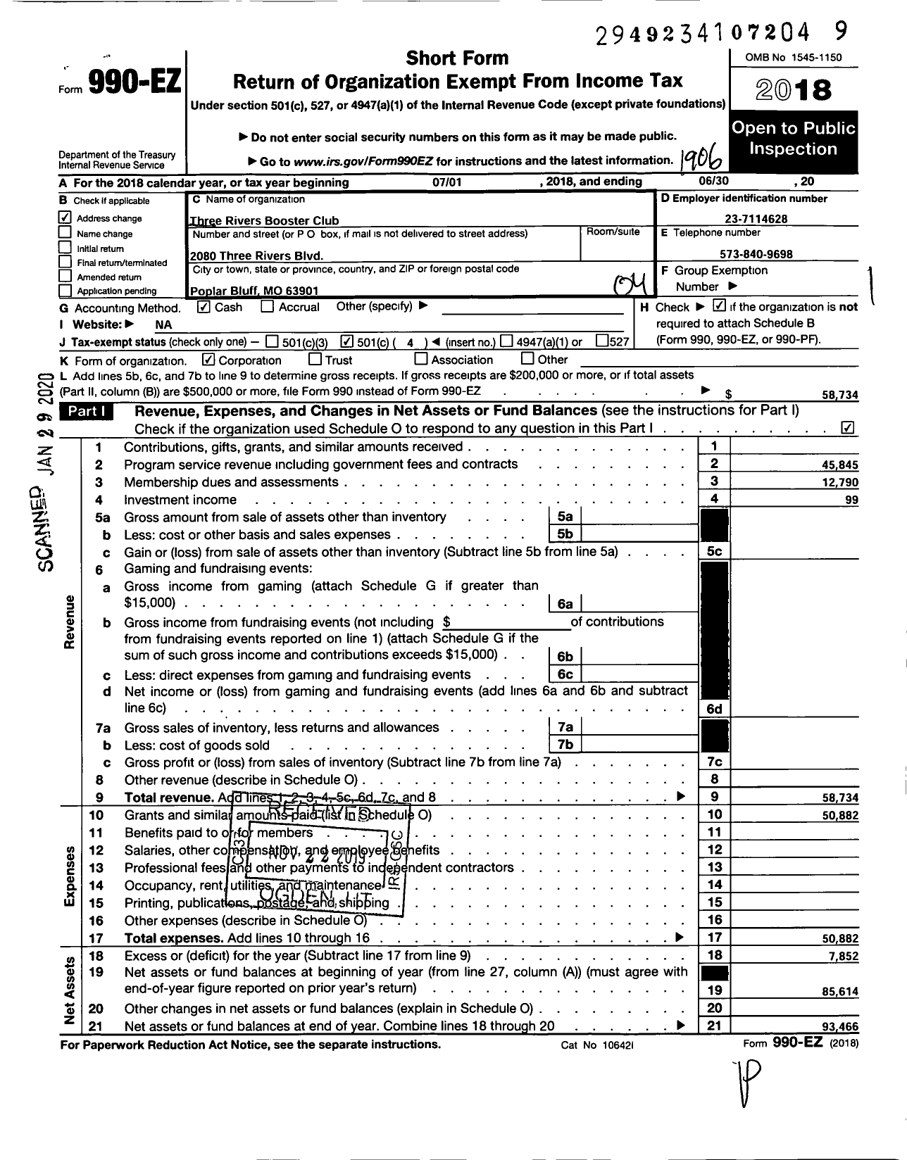 Image of first page of 2018 Form 990EO for Three Rivers Booster Club