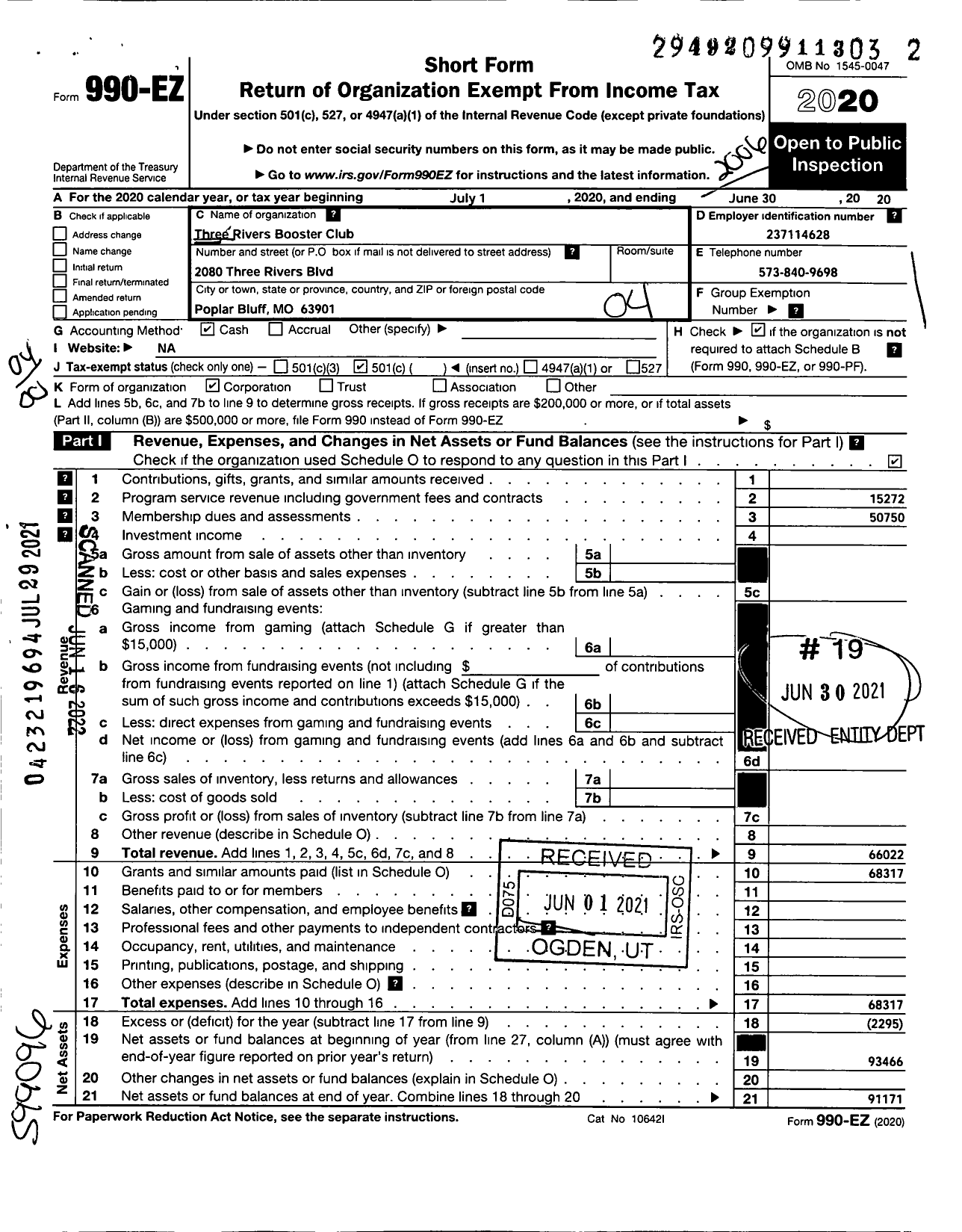 Image of first page of 2019 Form 990EO for Three Rivers Booster Club