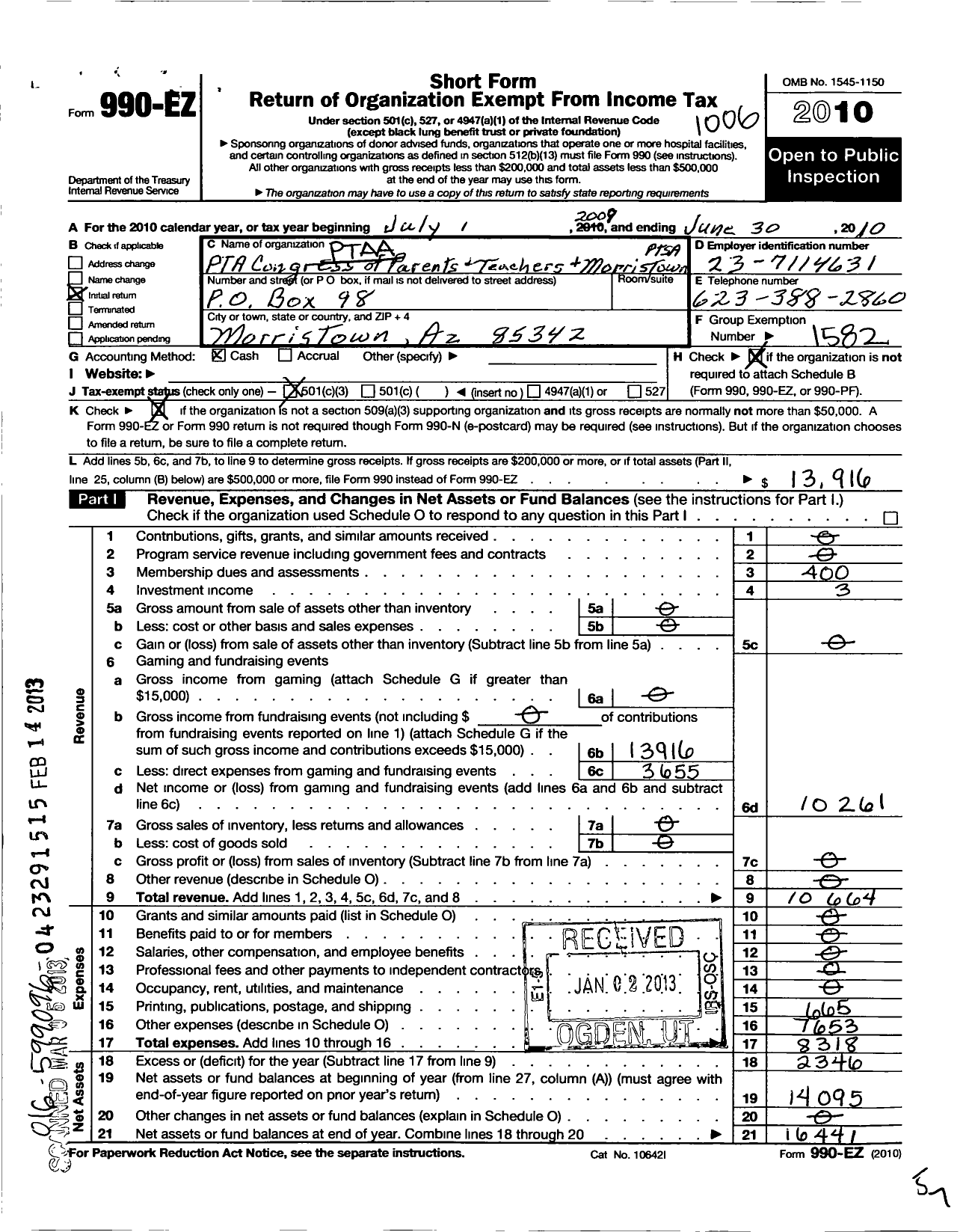 Image of first page of 2009 Form 990EZ for PTA Arizona Congress of Parents and Teachers / Morristown Ptsa