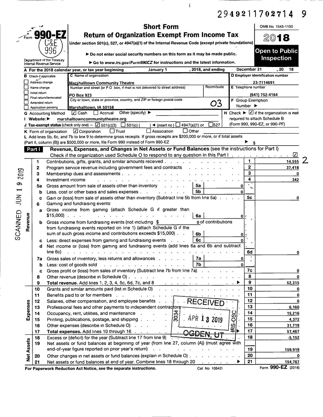 Image of first page of 2018 Form 990EZ for Marshalltown Community Theatre