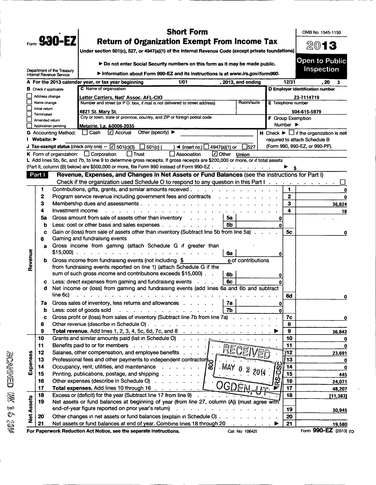 Image of first page of 2013 Form 990EZ for National Association of Letter Carriers - Louisiana State