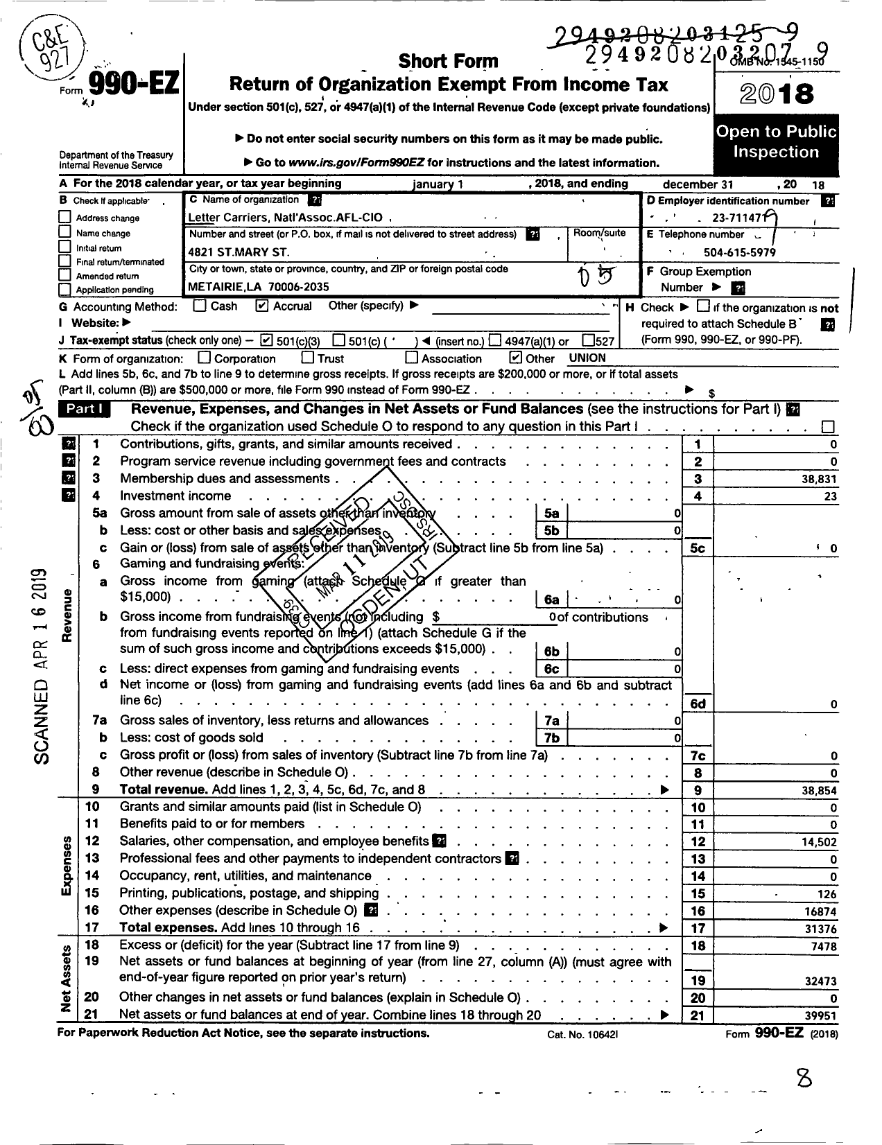 Image of first page of 2018 Form 990EO for National Association of Letter Carriers - Louisiana State