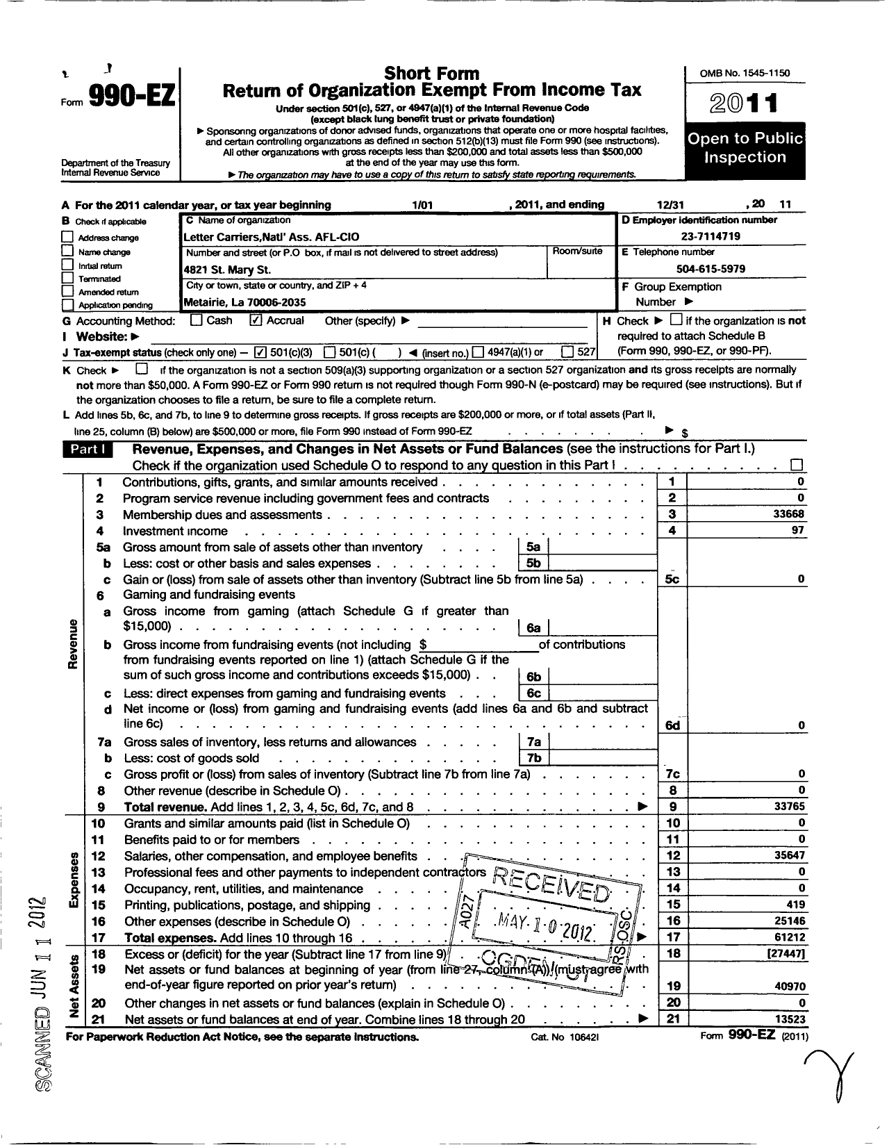 Image of first page of 2011 Form 990EZ for National Association of Letter Carriers - Louisiana State