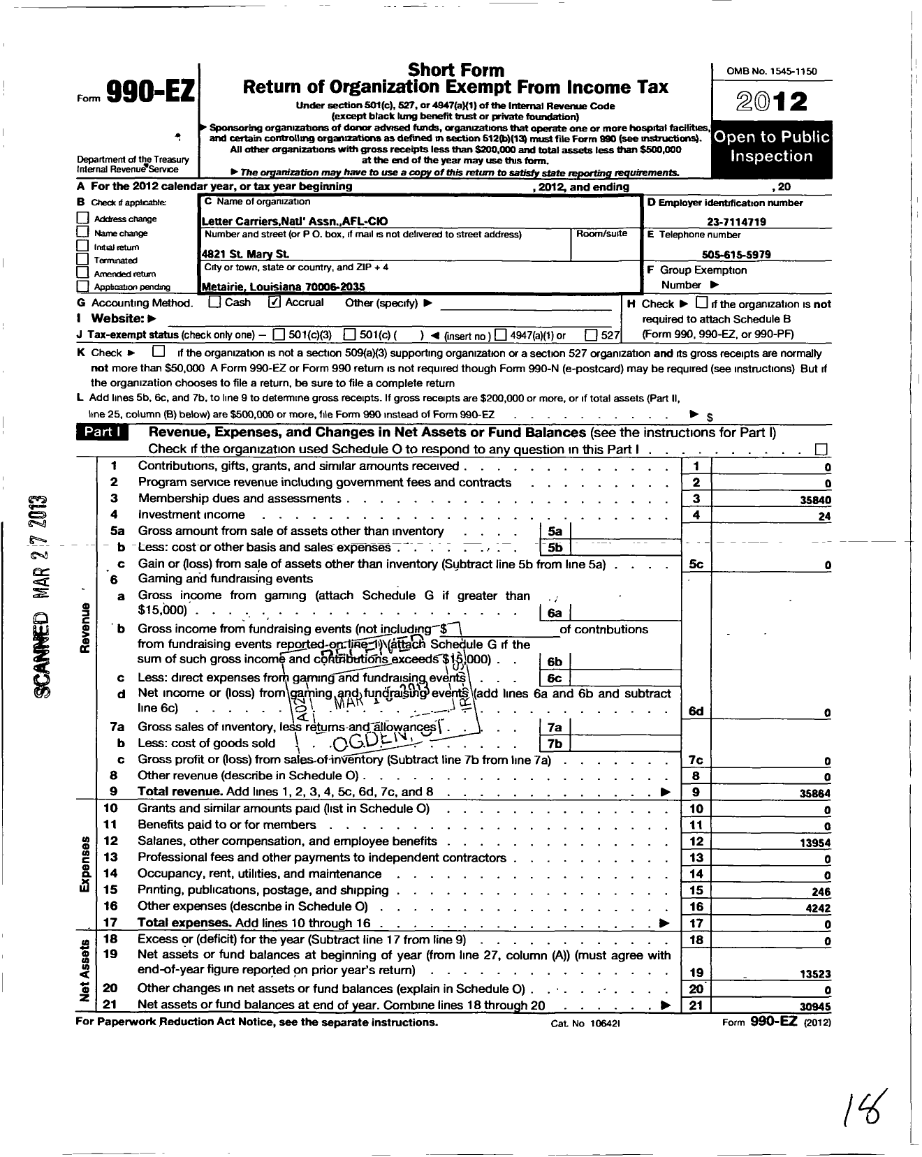 Image of first page of 2012 Form 990EO for National Association of Letter Carriers - Louisiana State