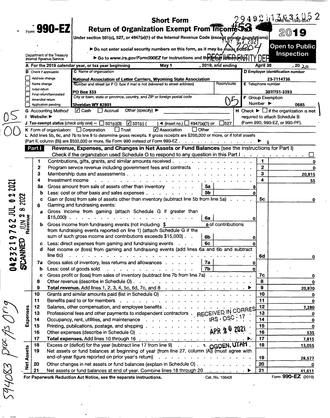 Image of first page of 2019 Form 990EO for National Association of Letter Carriers - Wyoming State