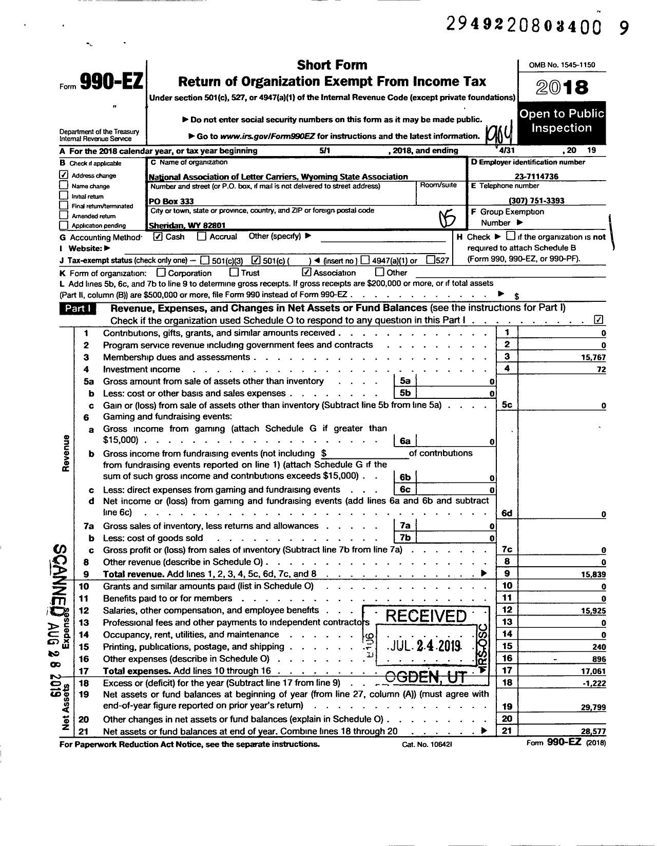 Image of first page of 2018 Form 990EO for National Association of Letter Carriers - Wyoming State