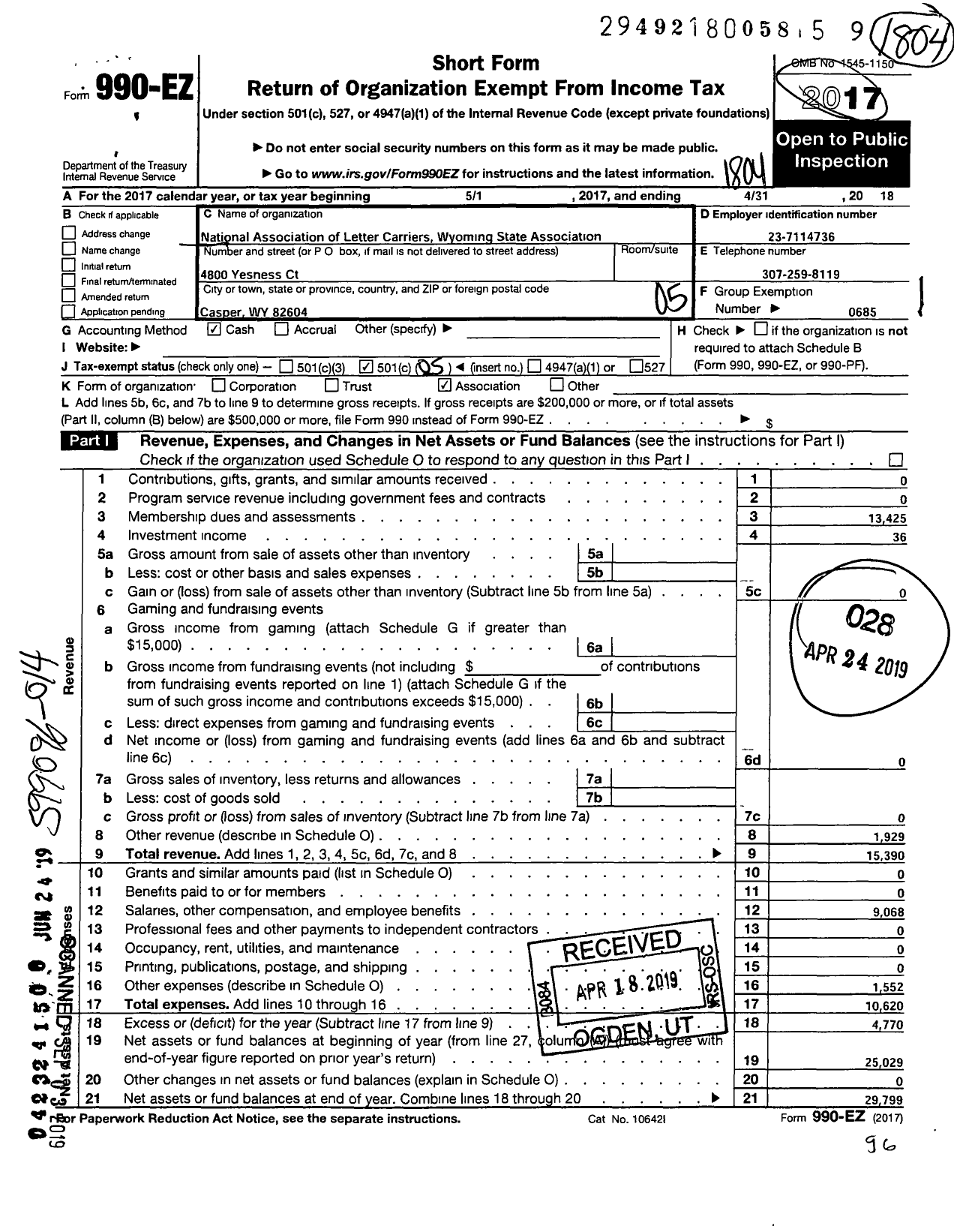 Image of first page of 2017 Form 990EO for National Association of Letter Carriers - Wyoming State