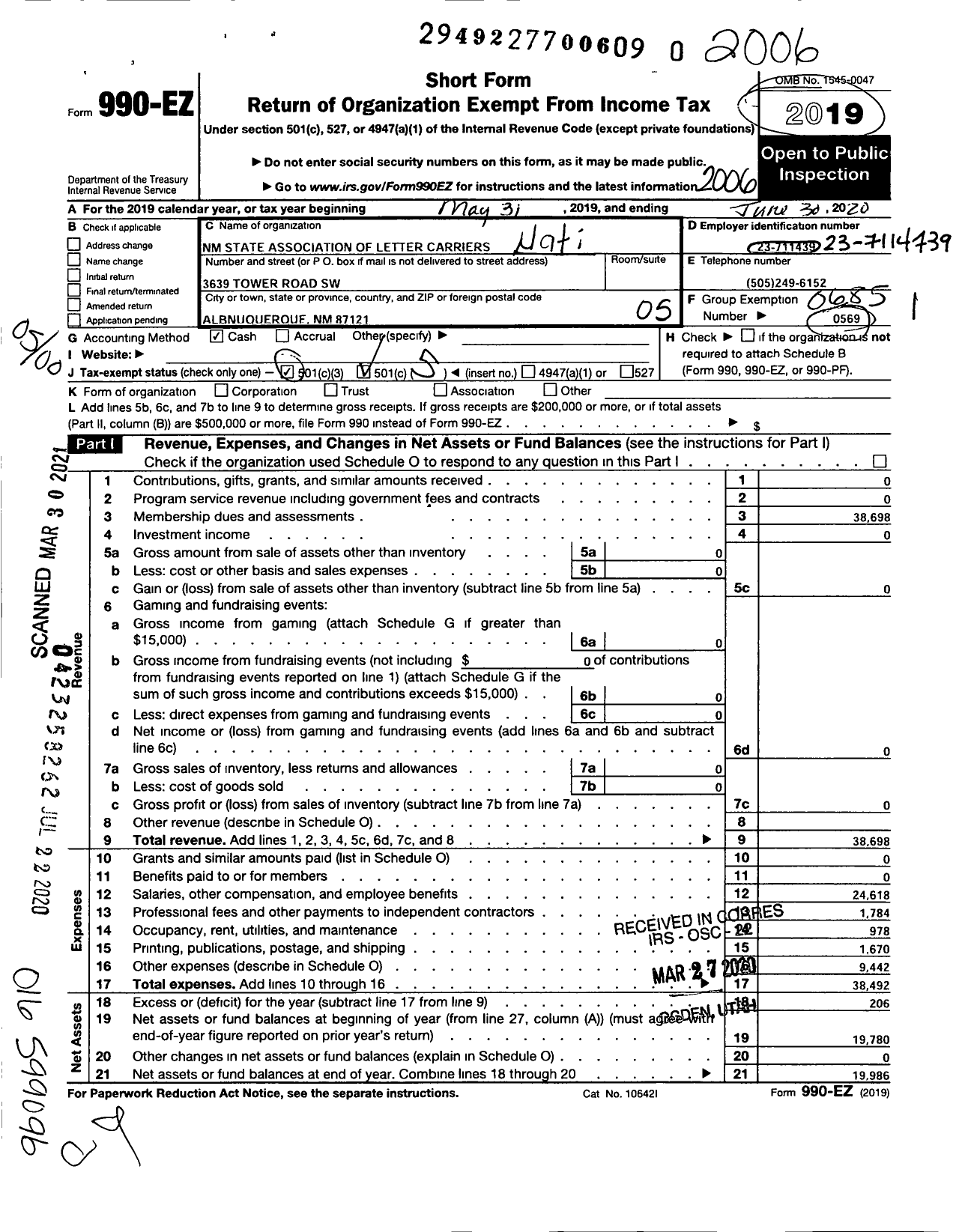 Image of first page of 2019 Form 990EO for National Association of Letter Carriers - New Mexico State