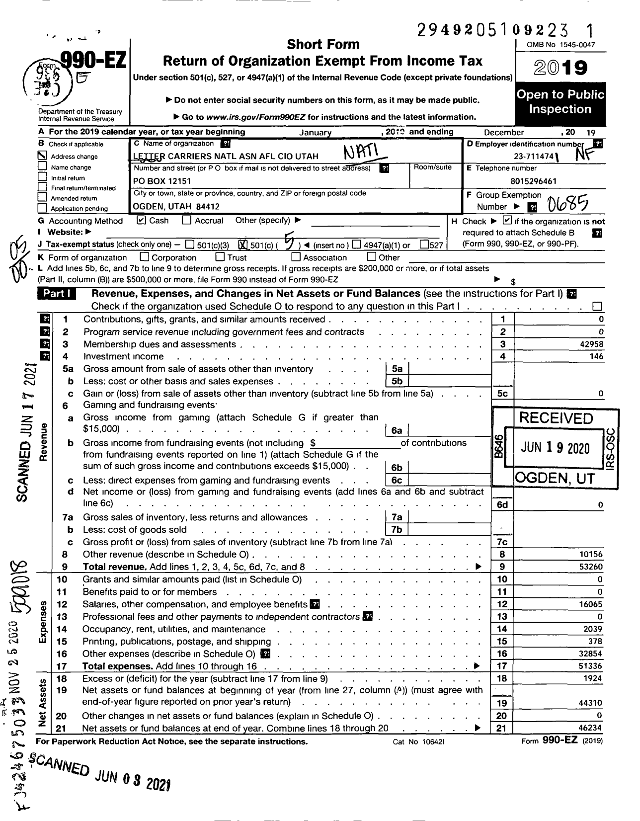 Image of first page of 2019 Form 990EO for National Association of Letter Carriers - Utah State