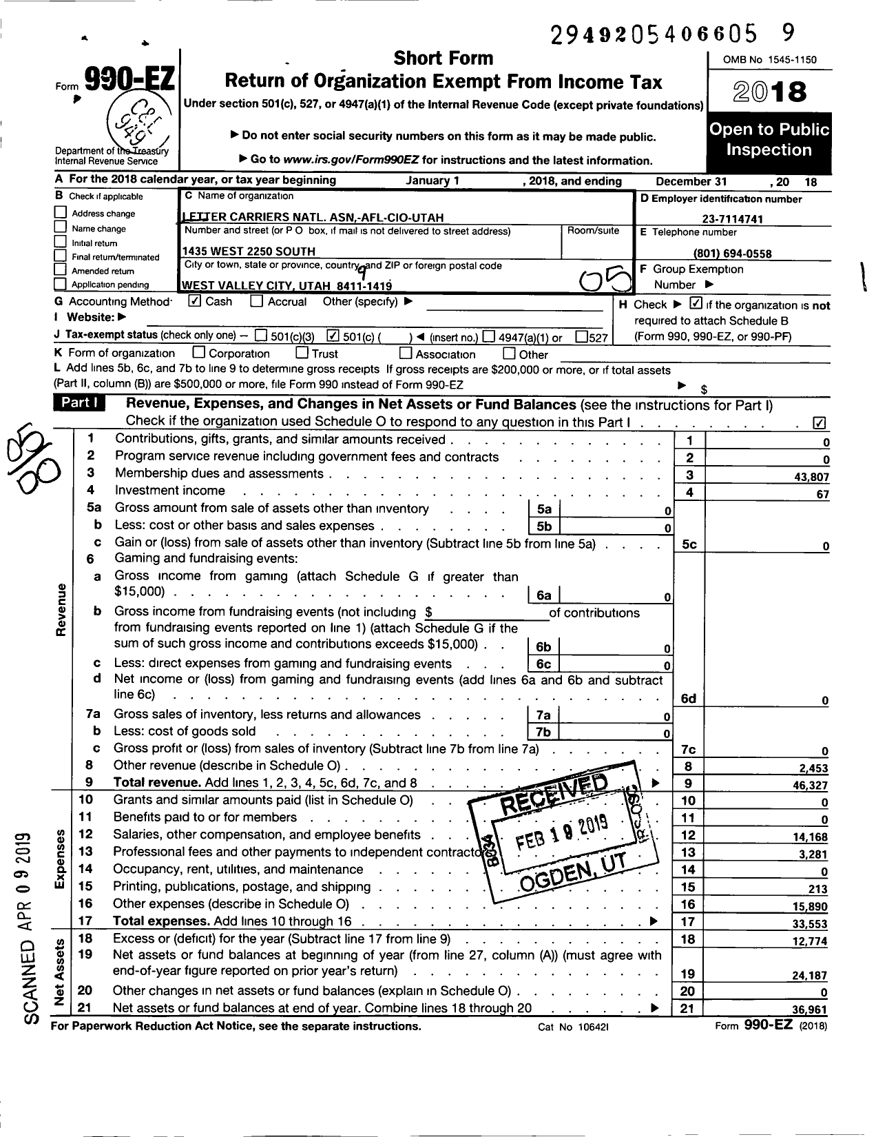 Image of first page of 2018 Form 990EO for National Association of Letter Carriers - Utah State