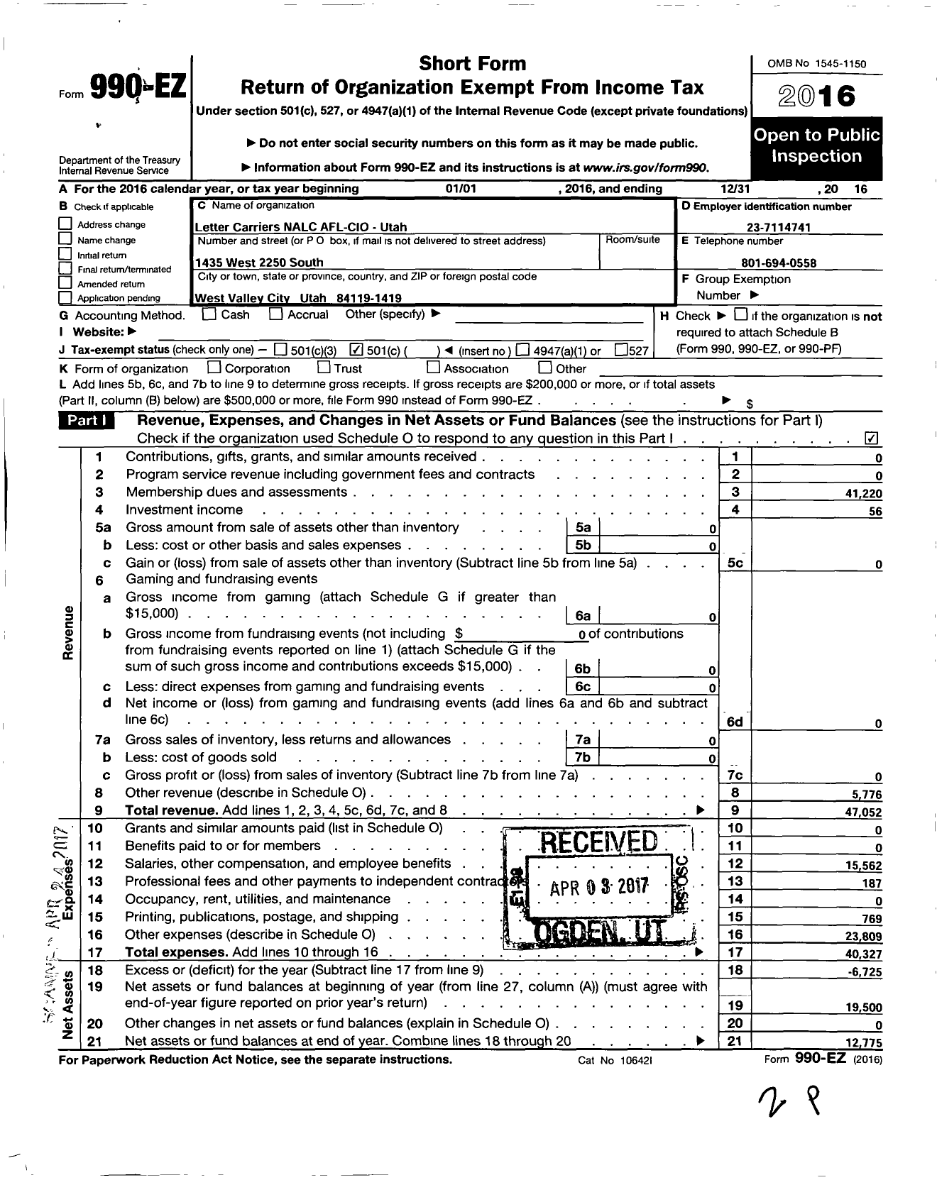 Image of first page of 2016 Form 990EO for National Association of Letter Carriers - Utah State