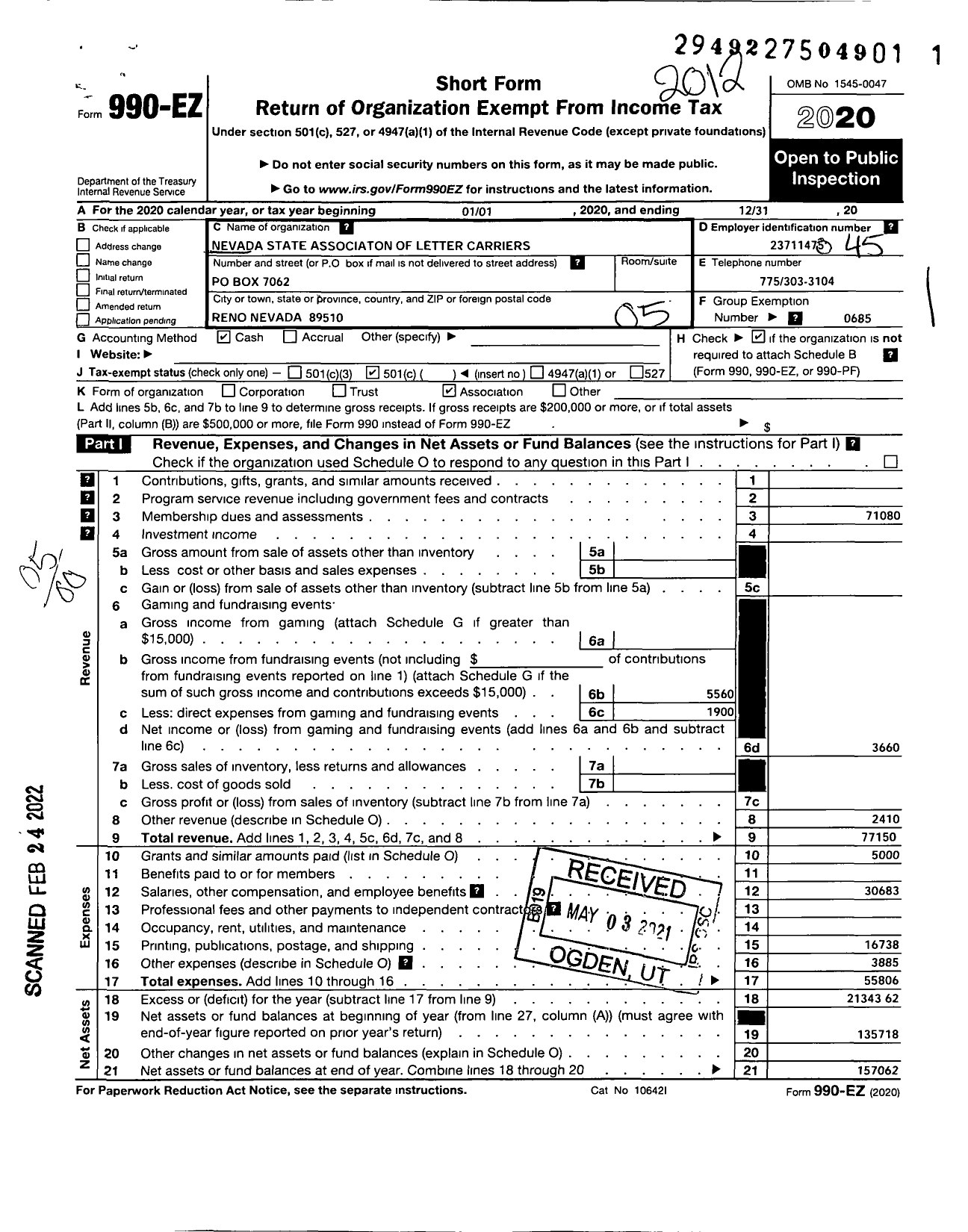 Image of first page of 2020 Form 990EO for National Association of Letter Carriers - Nevada State