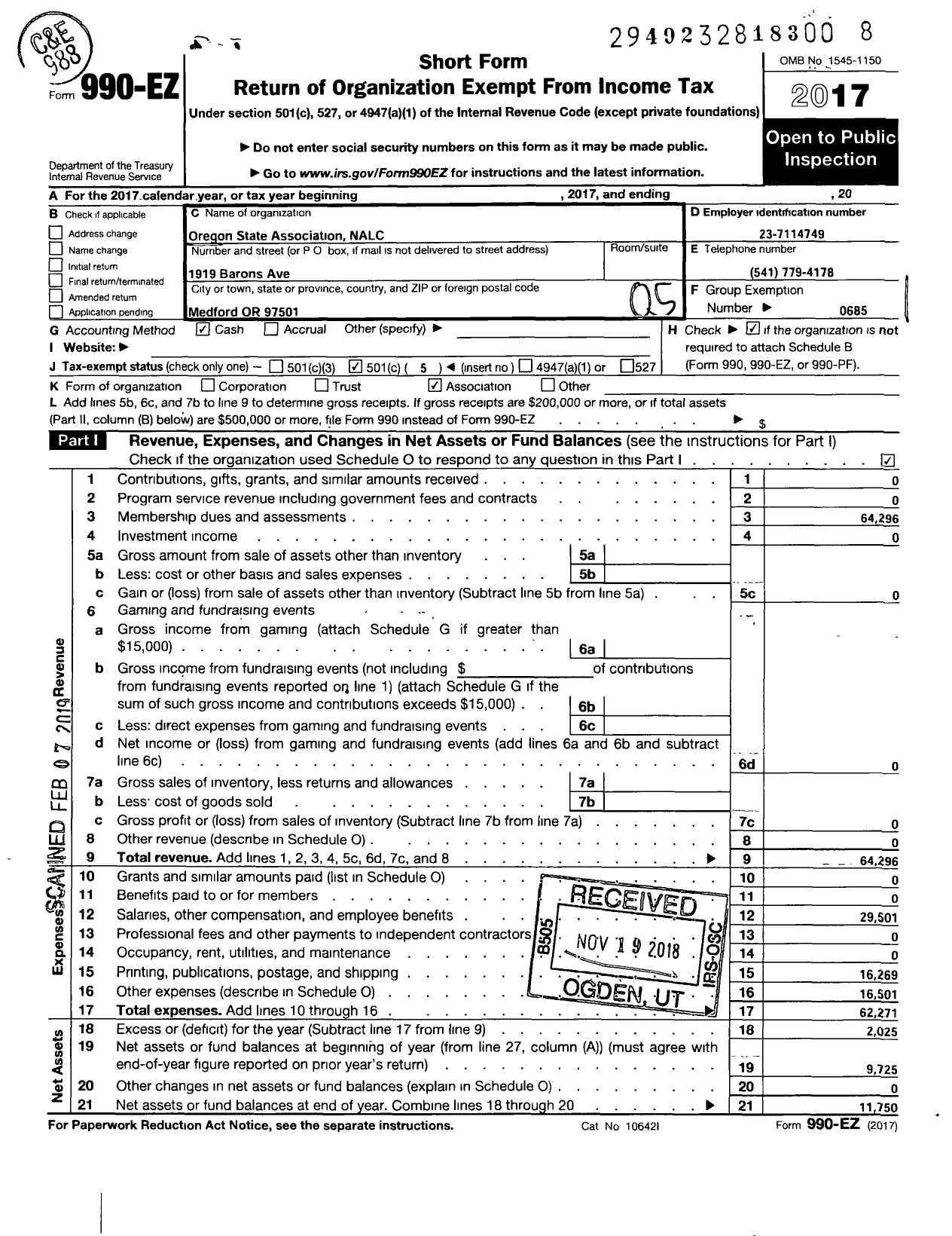 Image of first page of 2017 Form 990EO for National Association of Letter Carriers - Oregon State